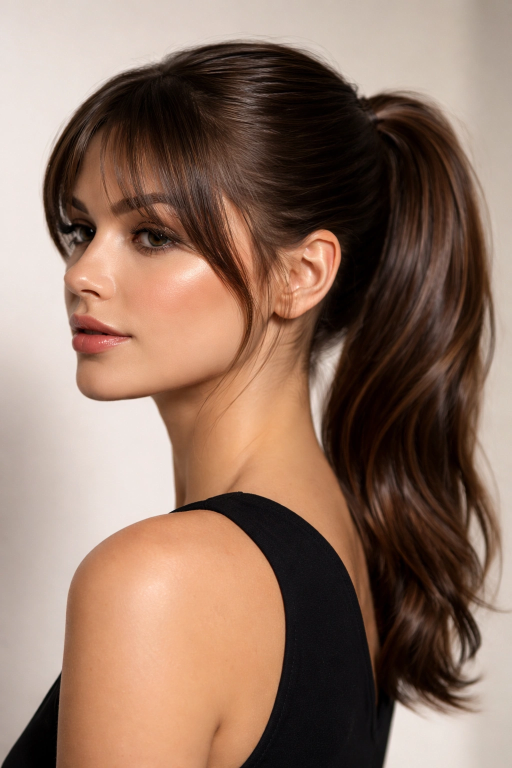 Sleek mid ponytail with wet-look shine and soft bangs