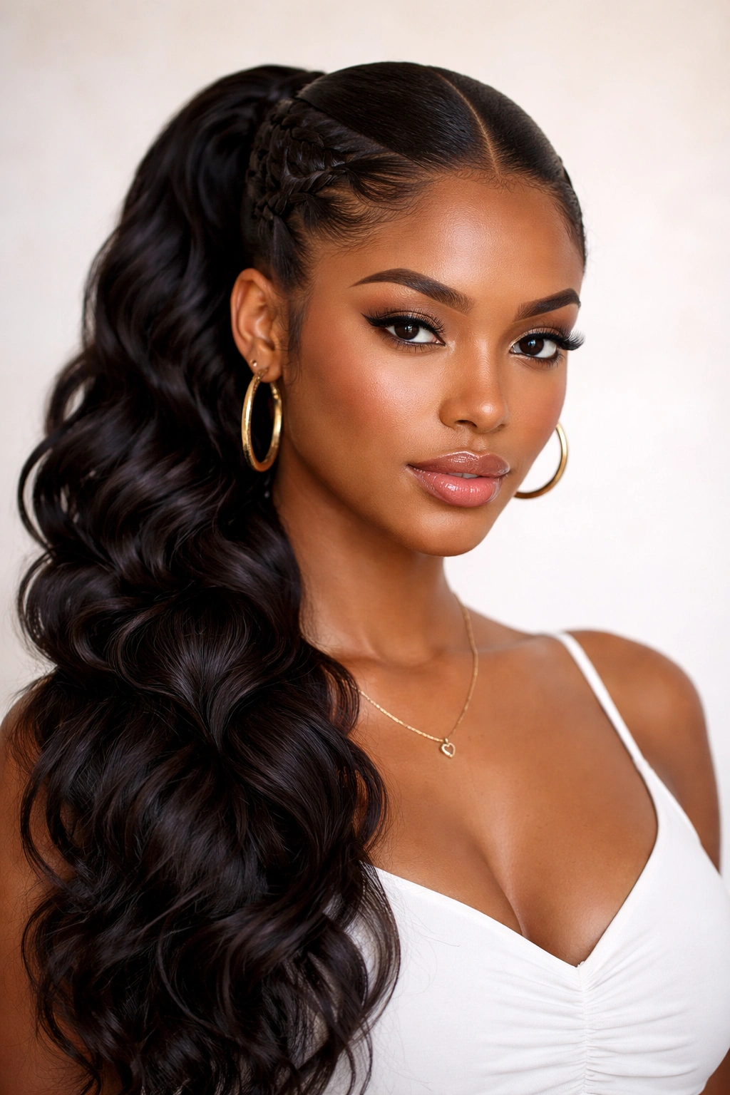 Close-up of a sleek middle-part butterfly braid ponytail with symmetrical braids.