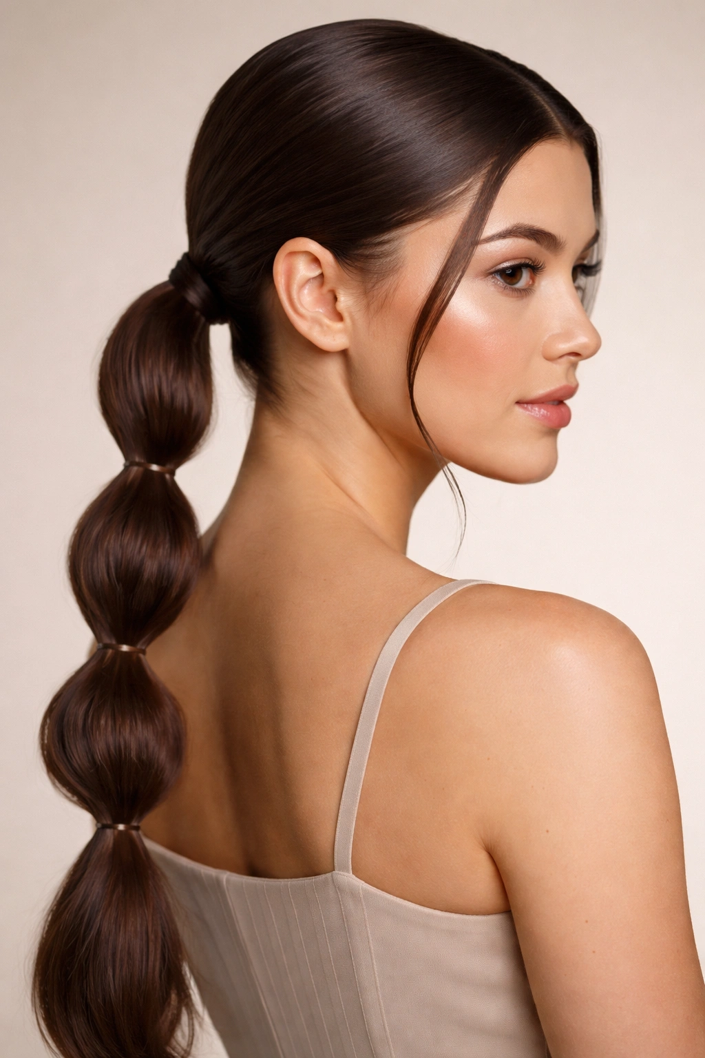 Close-up of sleek middle-part low bubble braid ponytail with even bubble sections