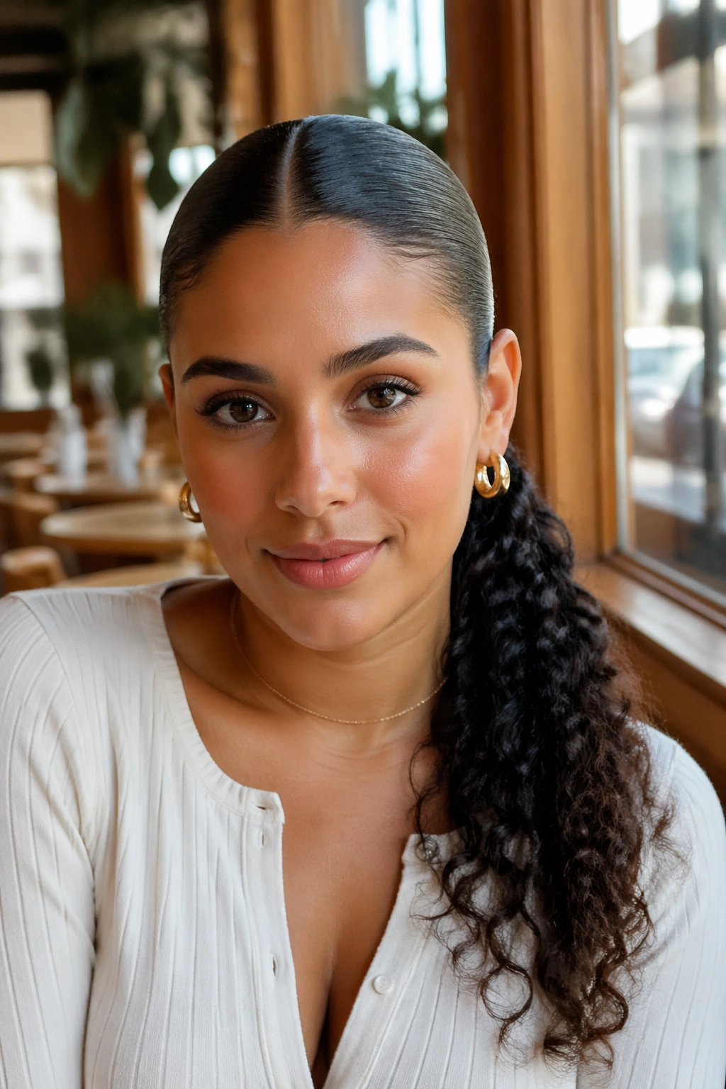 Portrait of a real woman with a sleek middle-part and curly ponytail in a bright cafe
