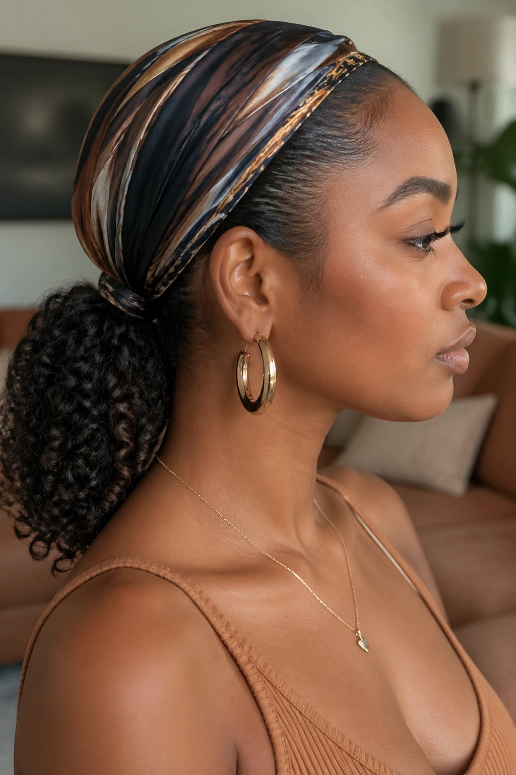 Side-profile of a real woman with a sleek nape wrap and a curly ponytail.