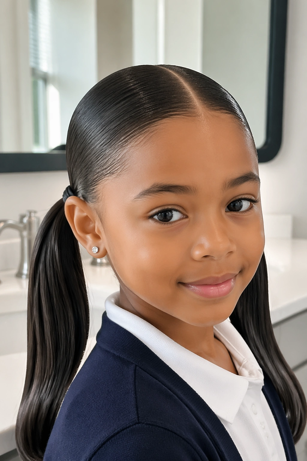Close-up of child with sleek low pigtail ponytails and even part