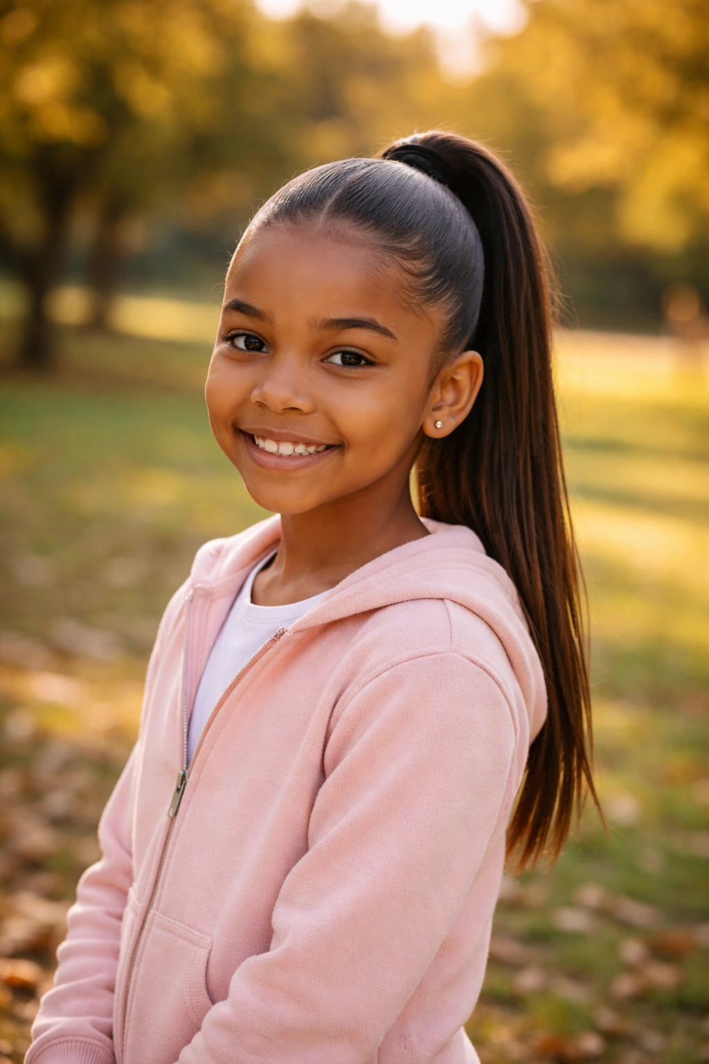 Wide outdoor shot of a child with a sleek middle-part high ponytail