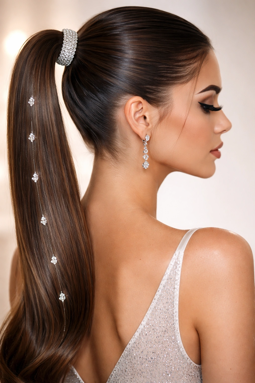 Close-up of a sleek ponytail with rhinestones along its length
