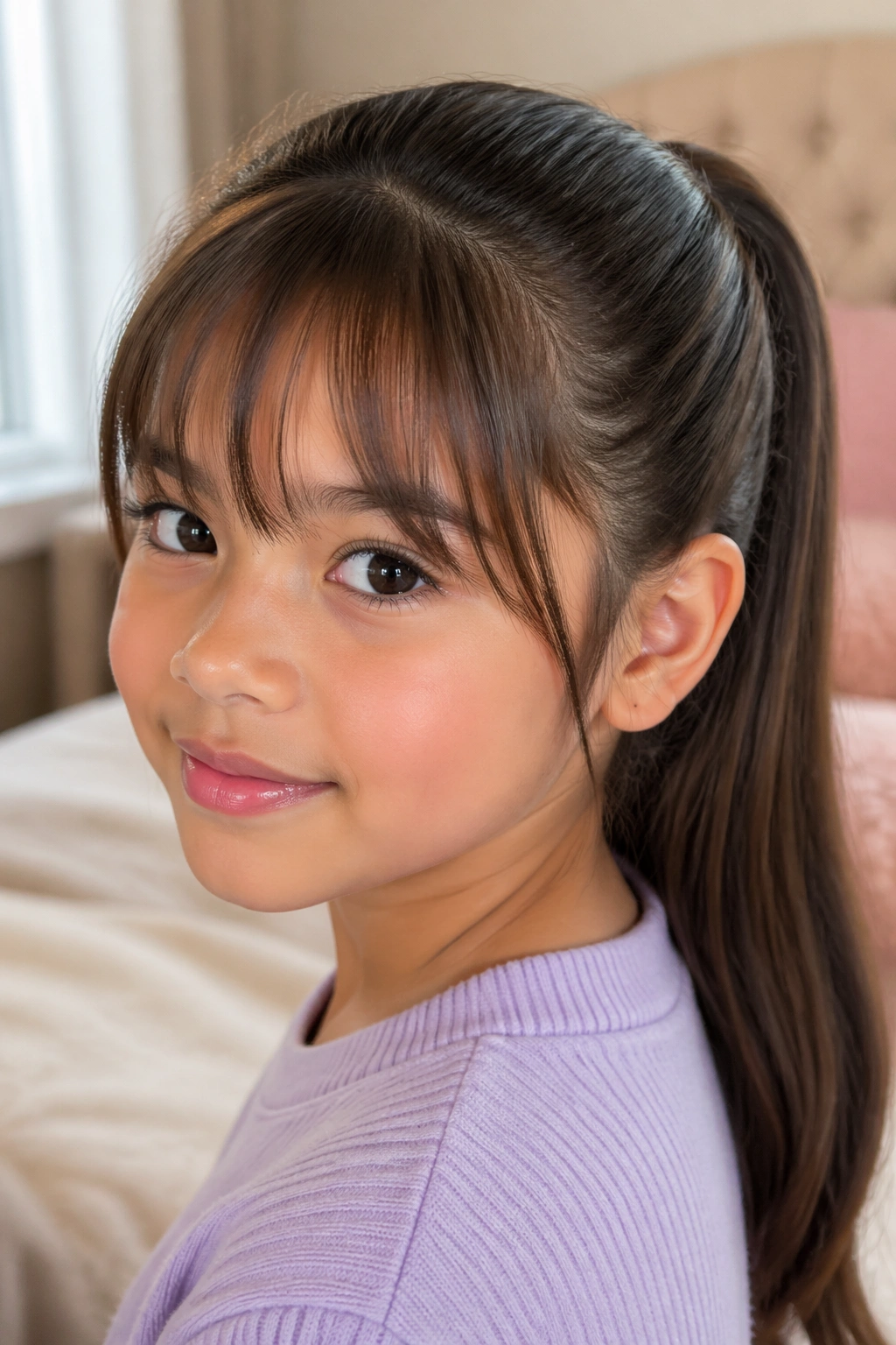 Close-up of a child with sleek ponytail and soft bangs in soft light