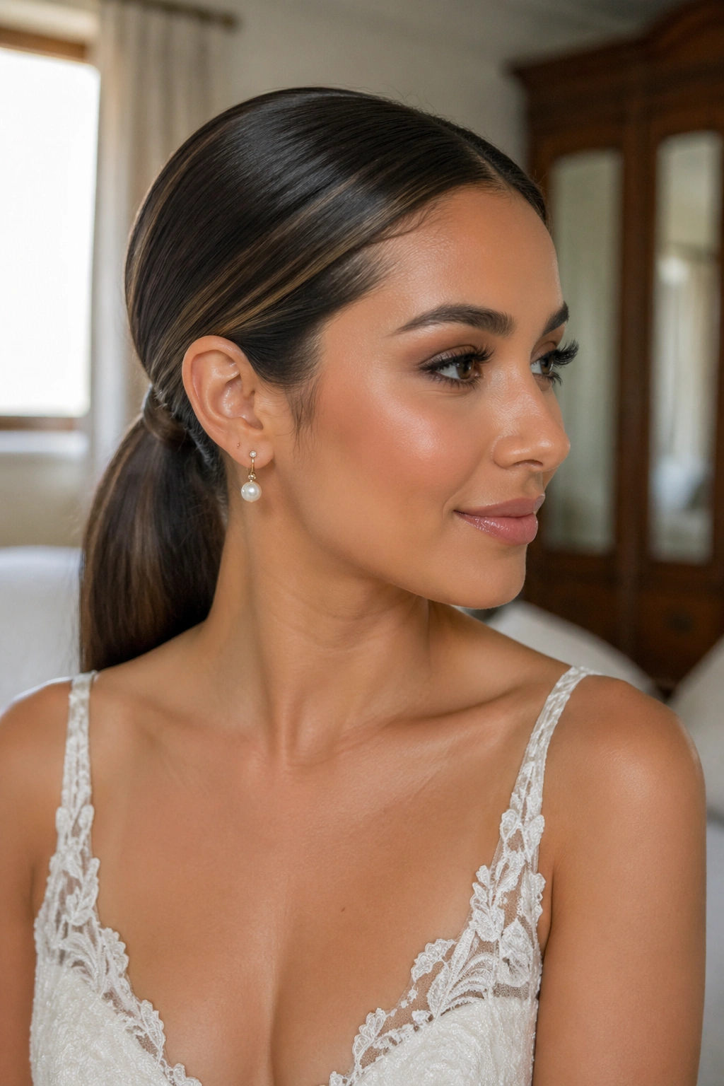 Close-up of a real woman with Sleek Low Ponytail and center part.