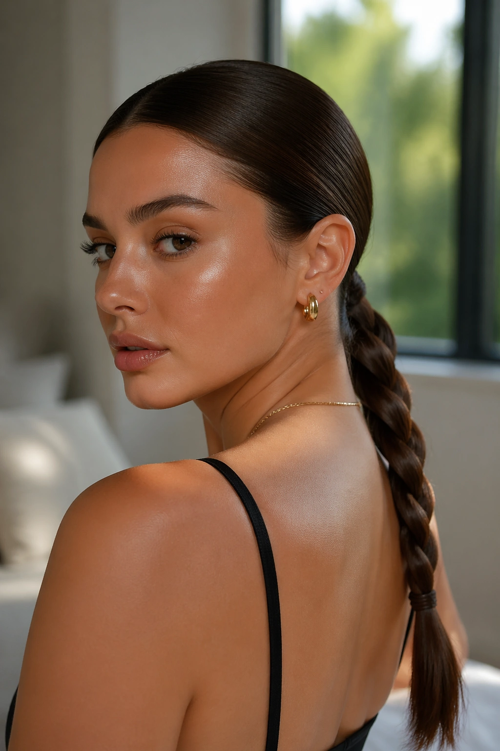 Close-up of a real person with a sleek low brown braided ponytail at the nape