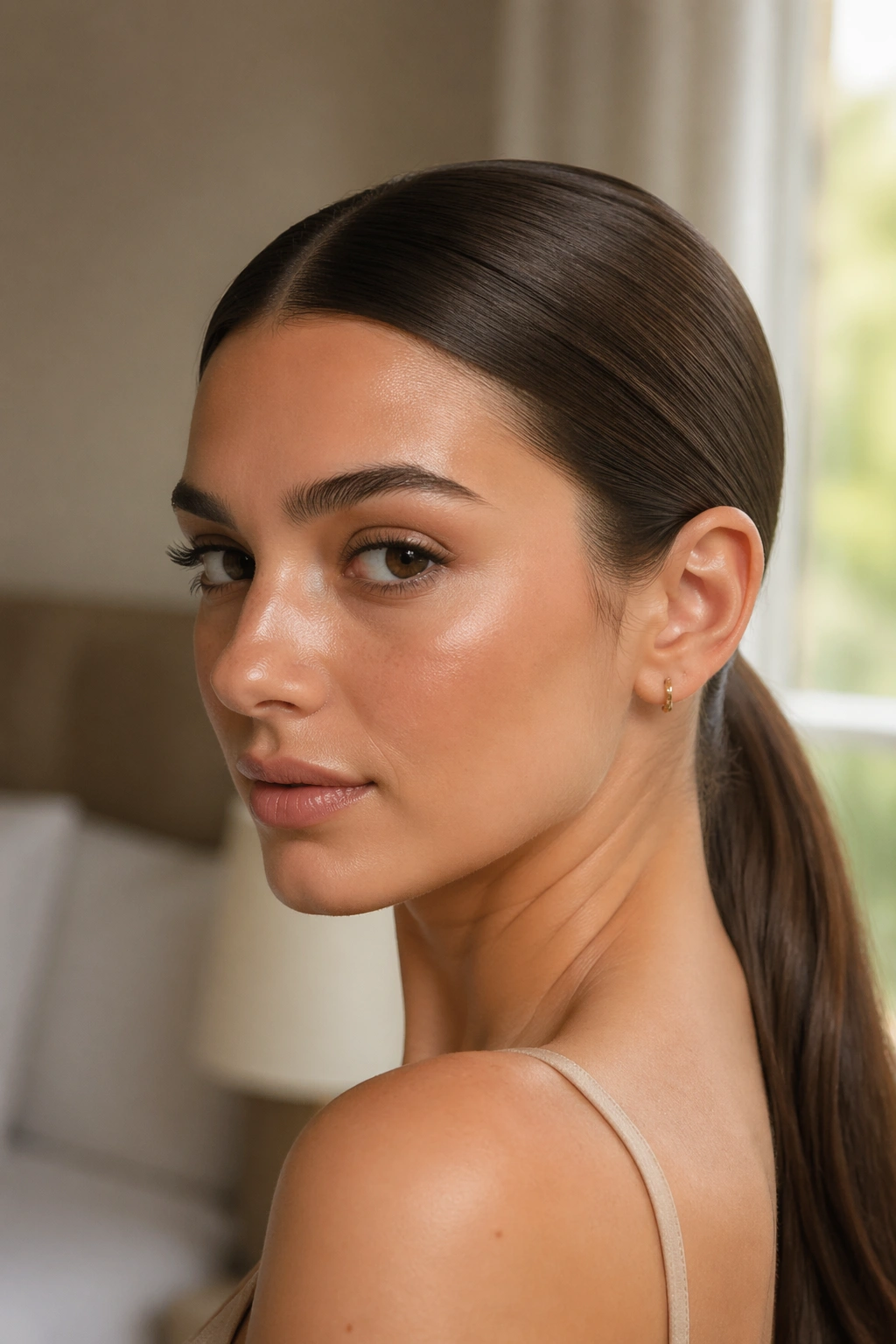 Close-up of a real woman with a low, glossy brown ponytail at the nape and center part