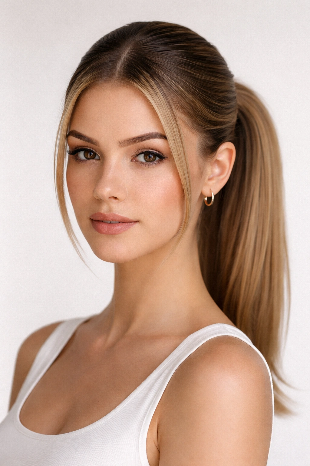 Close-up of a sleek center-part mid ponytail with smooth, shiny hair