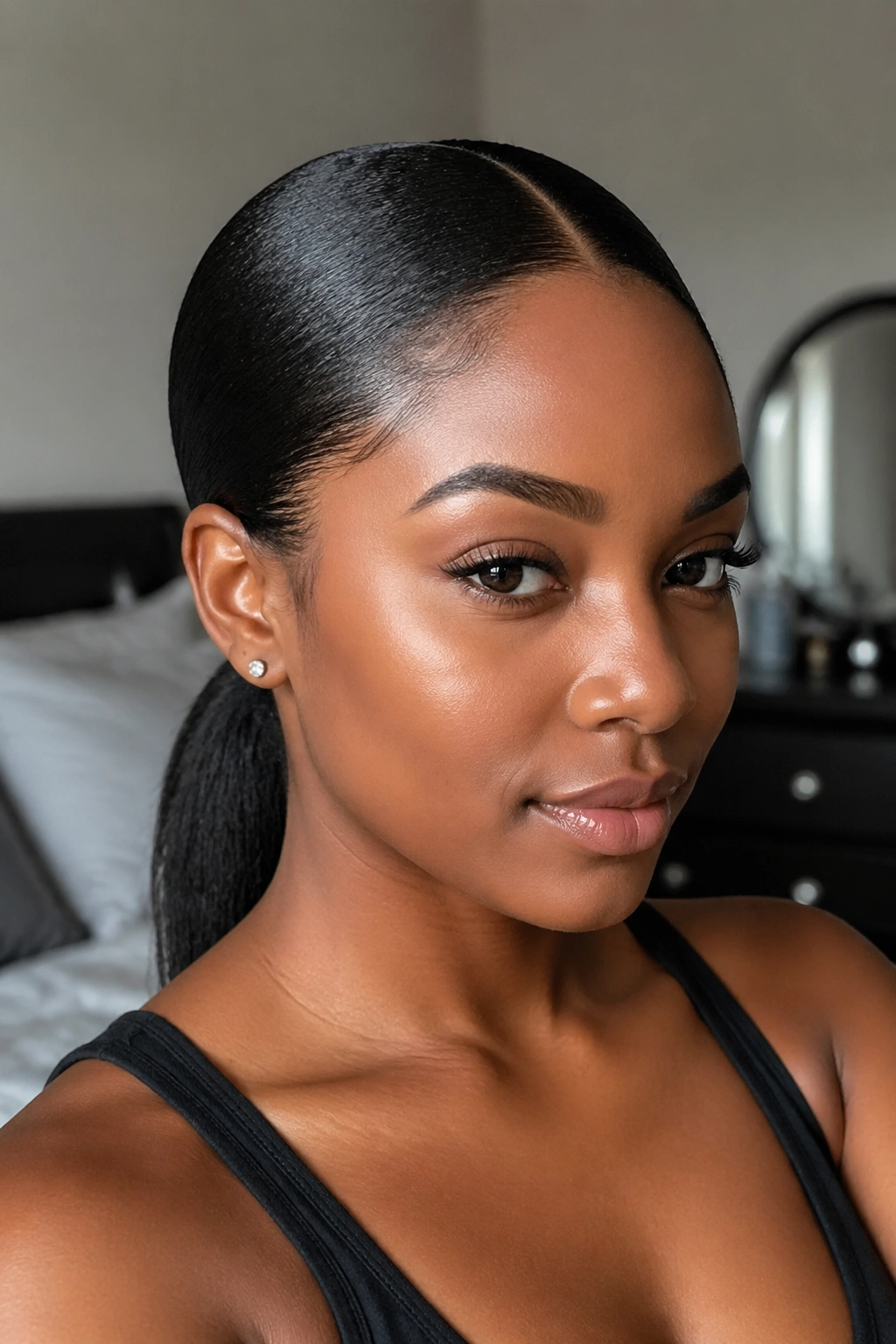 Close-up of a real Black woman with a sleek low ponytail and sharp center part