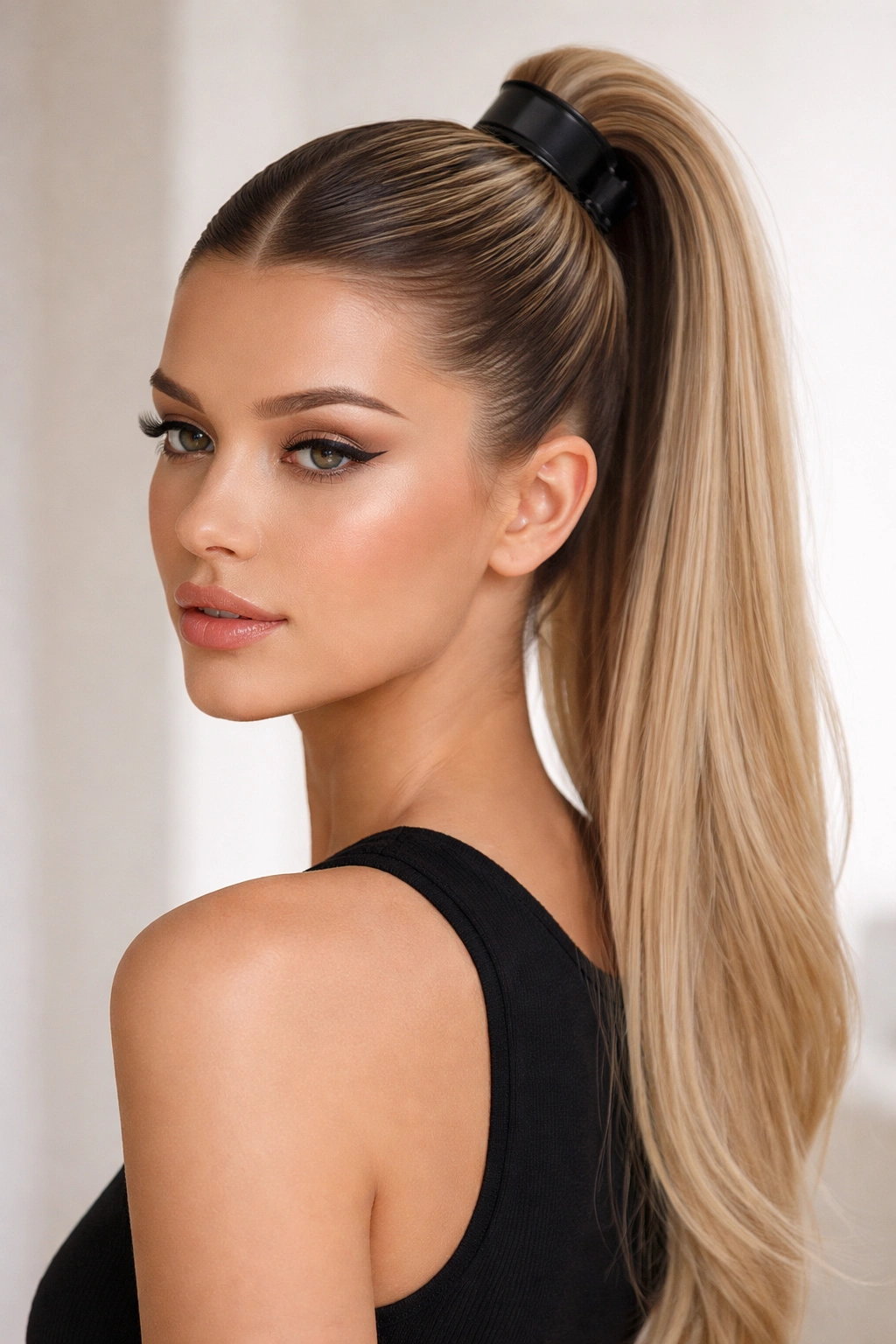 Sleek center-part high pony with slicked sides and matte claw clip