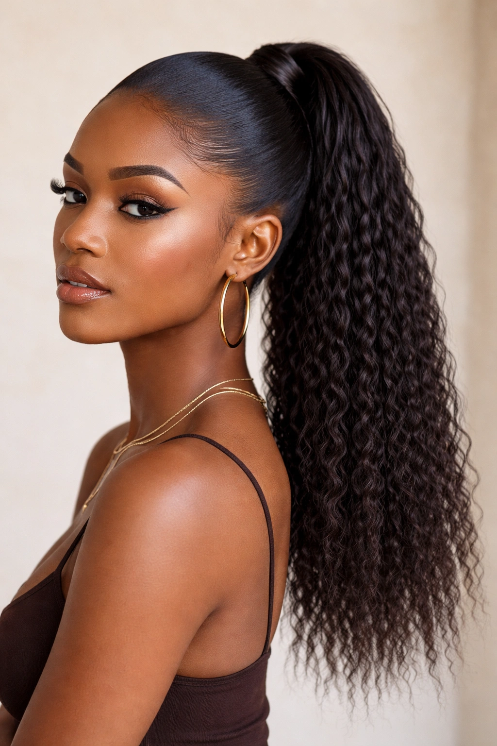 Ponytail with sleek root and crimped ends, showing texture contrast.