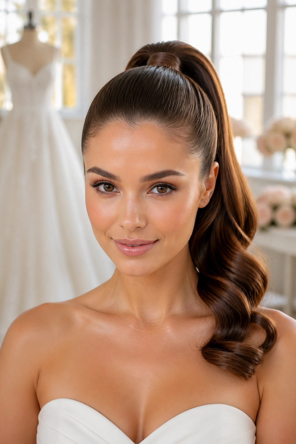 Close-up of a real bride with a sleek high ponytail and crown lift