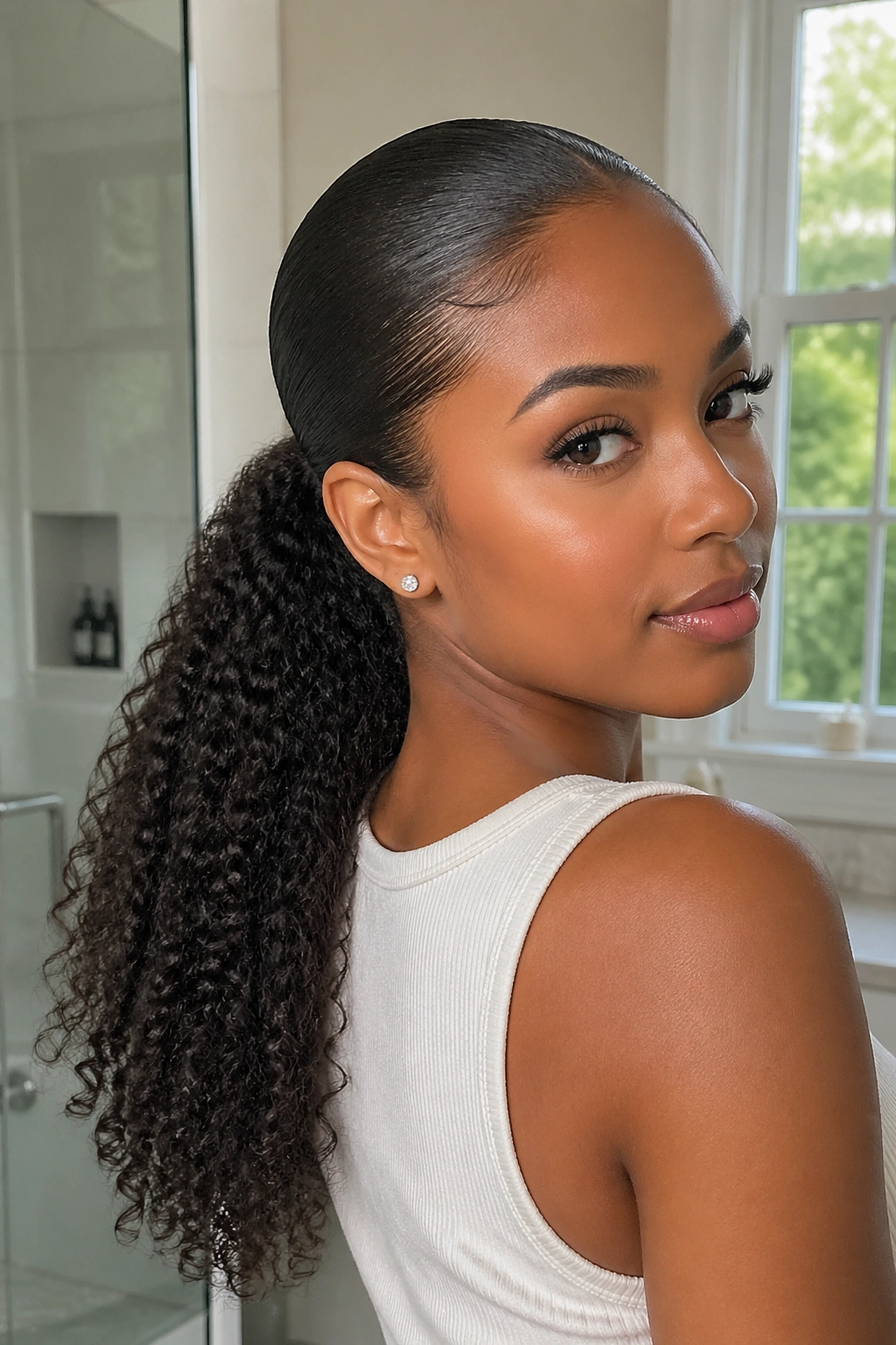 Woman with a sleek ponytail and curly ends in a portrait.