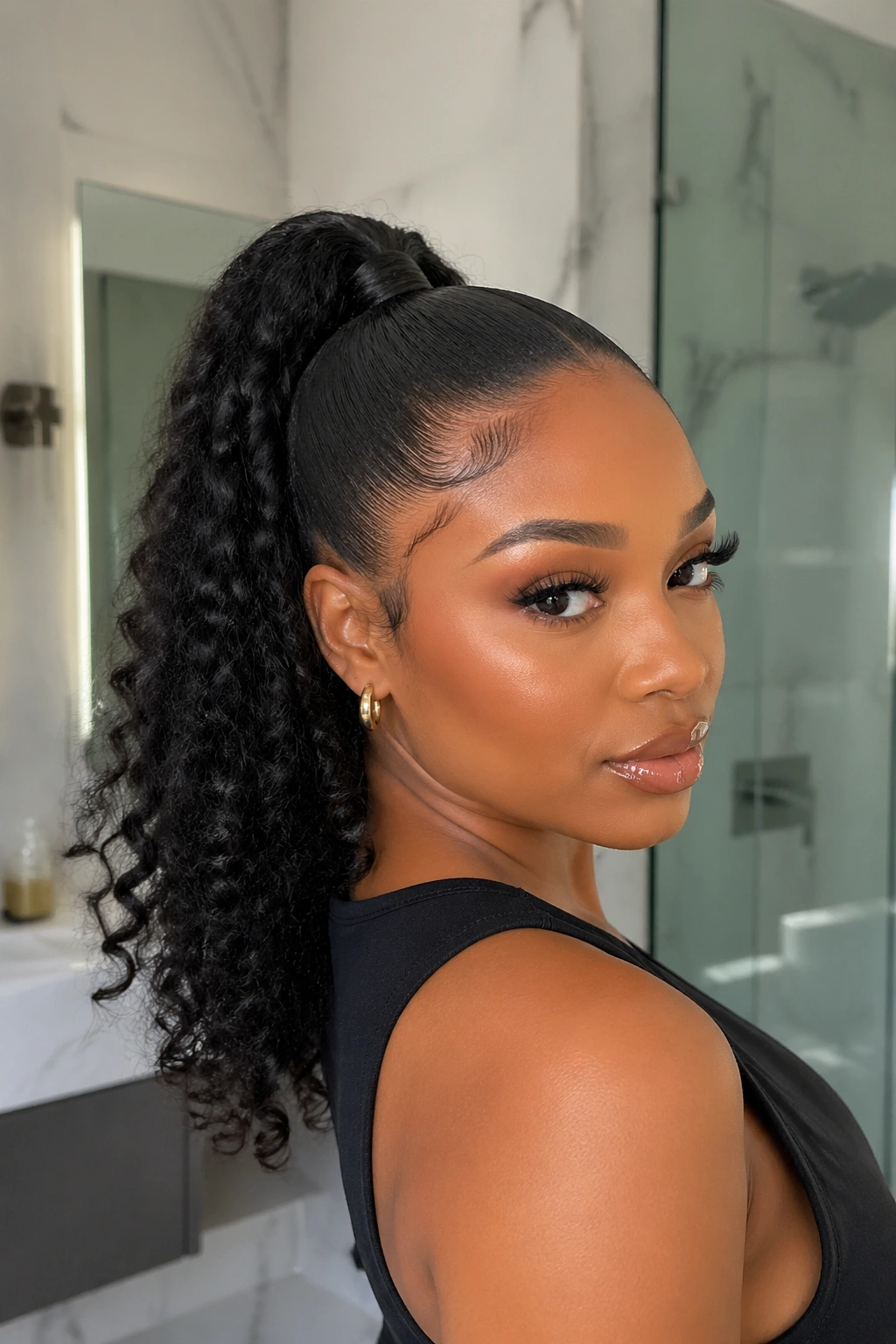 Close-up portrait of a real woman wearing a sleek high ponytail with curly ends.