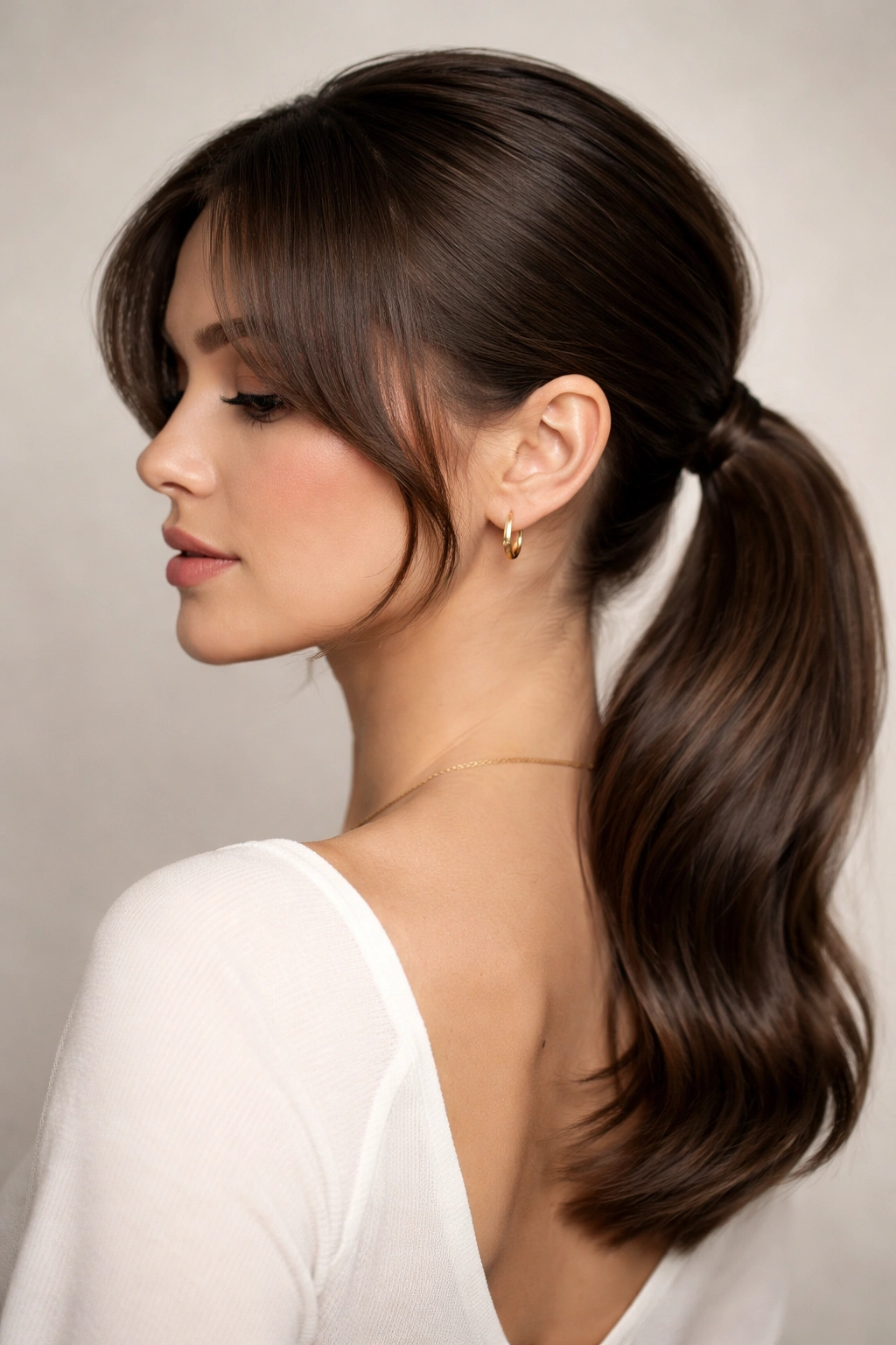 Close-up of a sleek low ponytail with curtain bangs at the nape, smooth crown and glossy finish