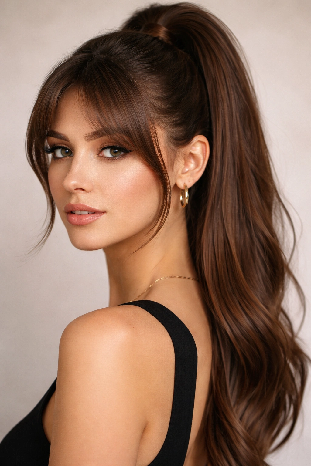 Close-up of sleek high ponytail with curtain bangs highlighting crown height and fringe