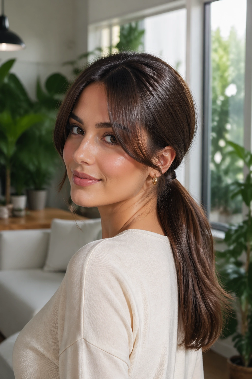 Wide shot of sleek low ponytail with curtain bangs in bright living room.
