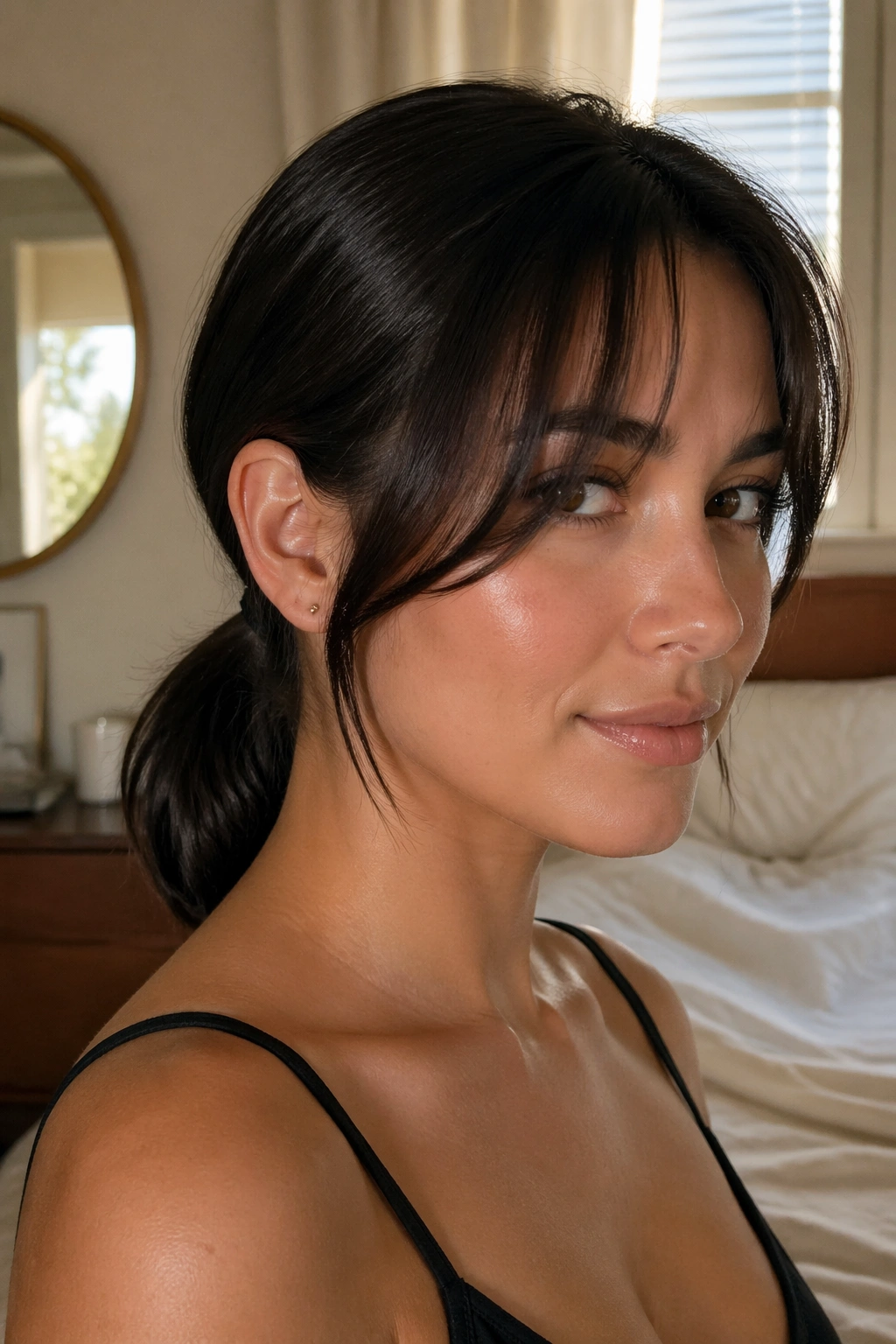 Close up of a real woman with a sleek low ponytail and curtain bangs in warm bedroom light.