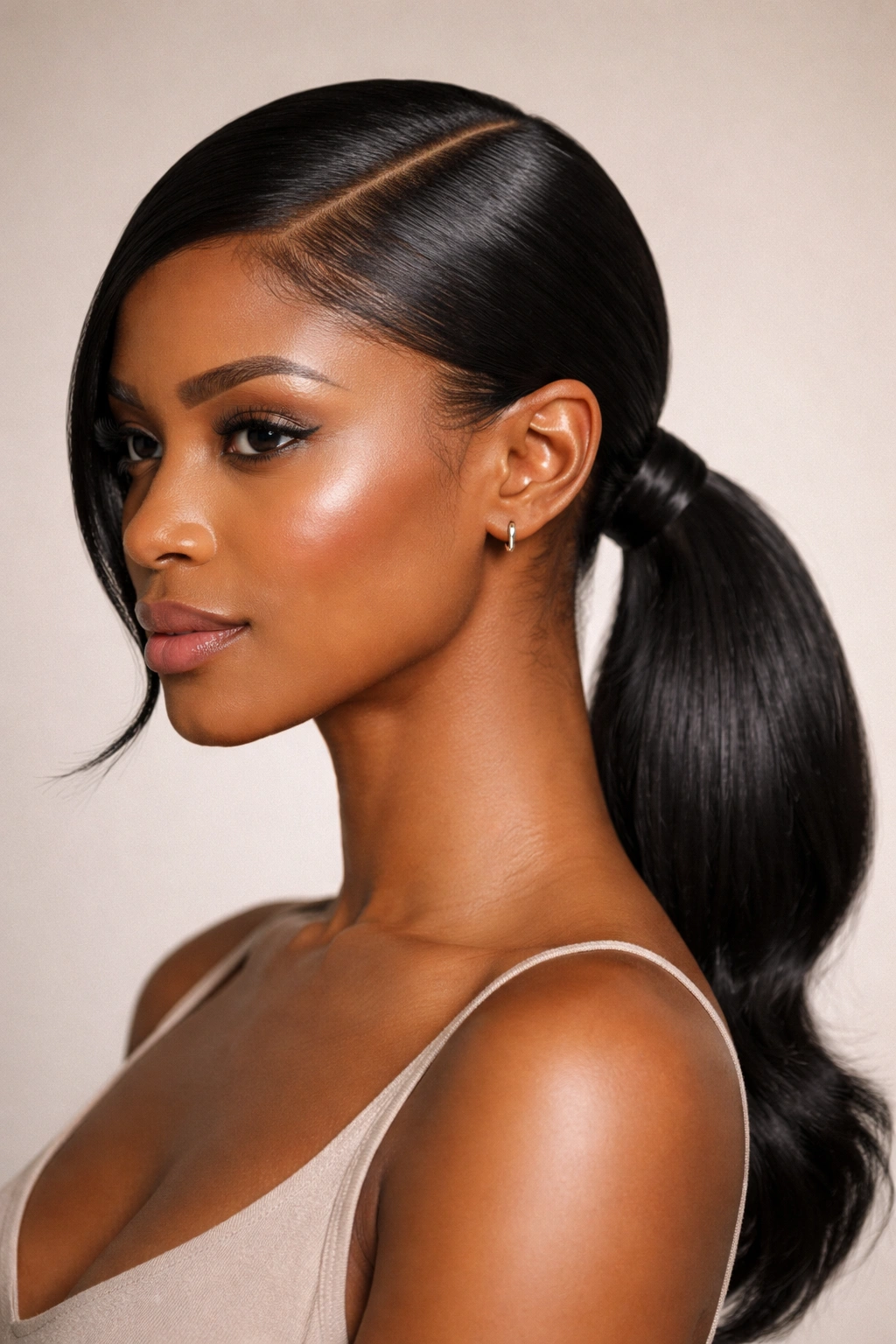 Close-up of a sleek low ponytail with a deep side part and wrapped base