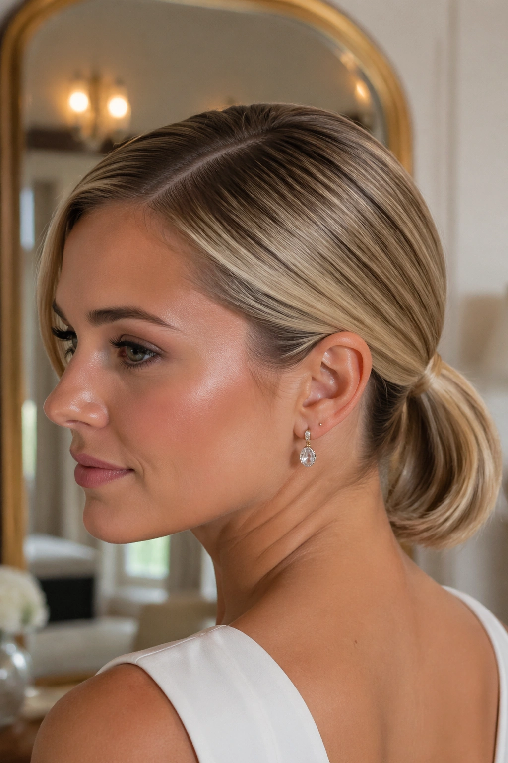 Close-up of a real bride with a sleek low ponytail and deep side part