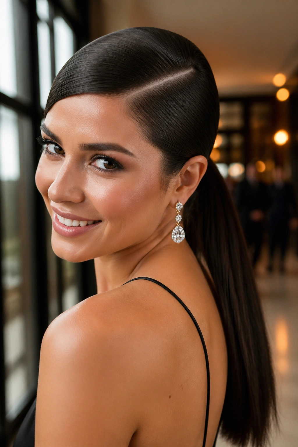 Close-up of a real woman with a deep side part and sleek ponytail