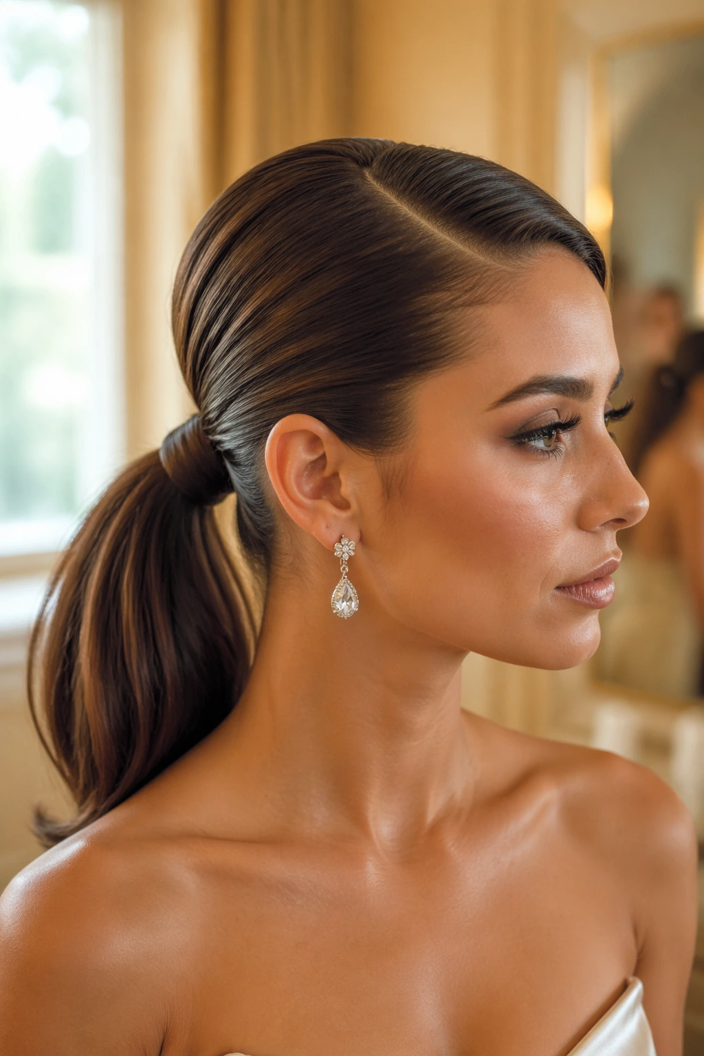 Close-up of Sleek Mid Ponytail with a Deep Side Part on a real woman, glossy hair