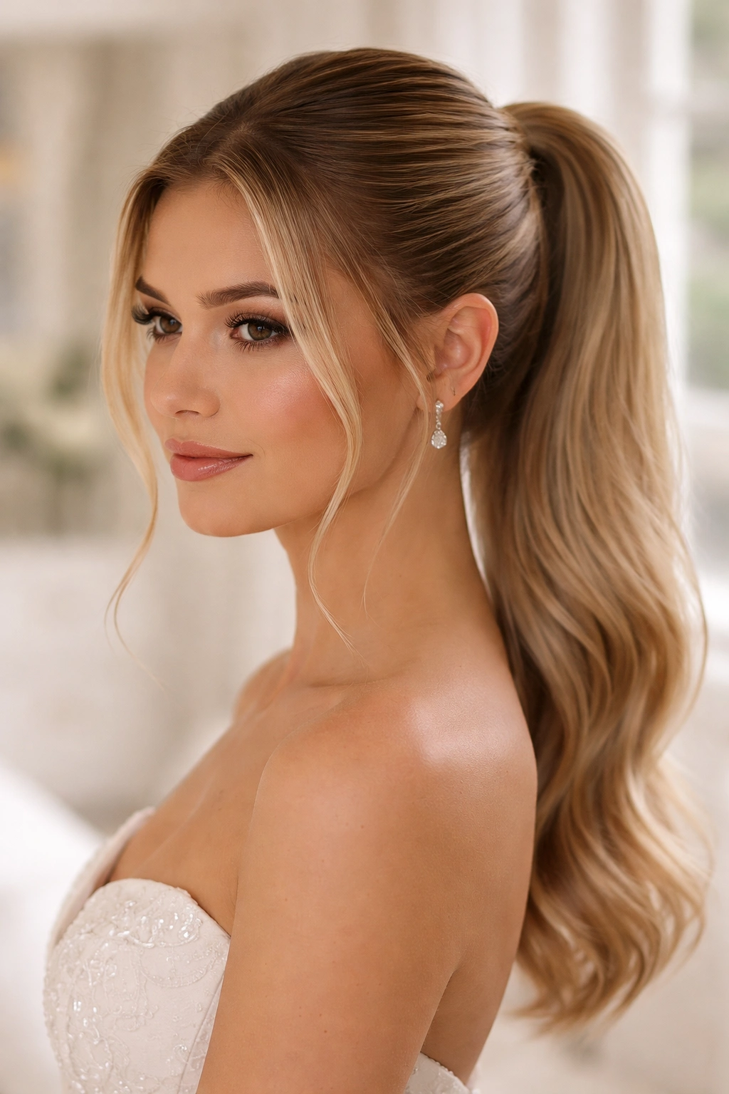 Close-up of a real woman with a sleek ponytail and two face-framing pieces in a bridal suite.