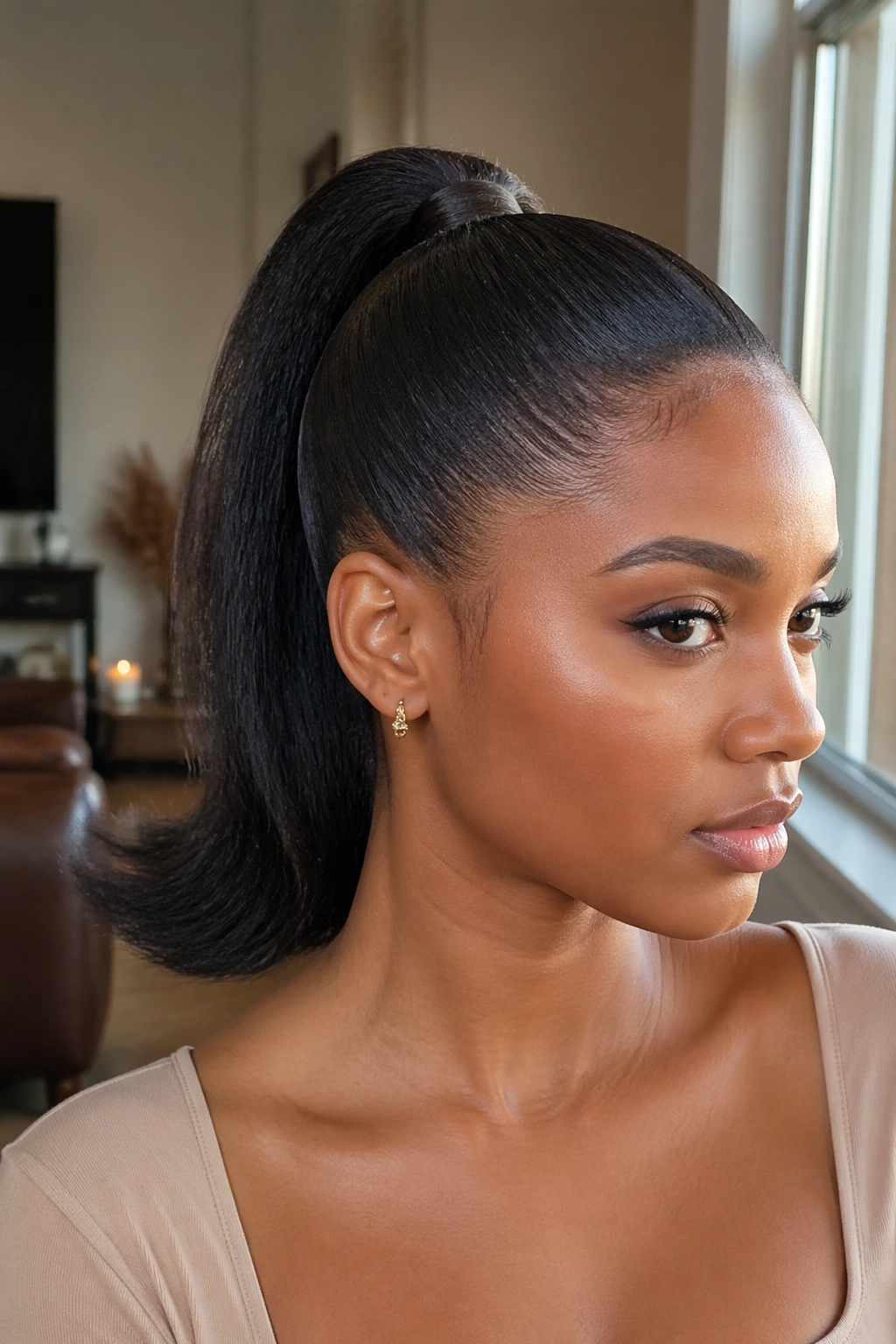 Close-up of a real woman with a sleek ponytail and flipped ends, smooth roots and subtle bend