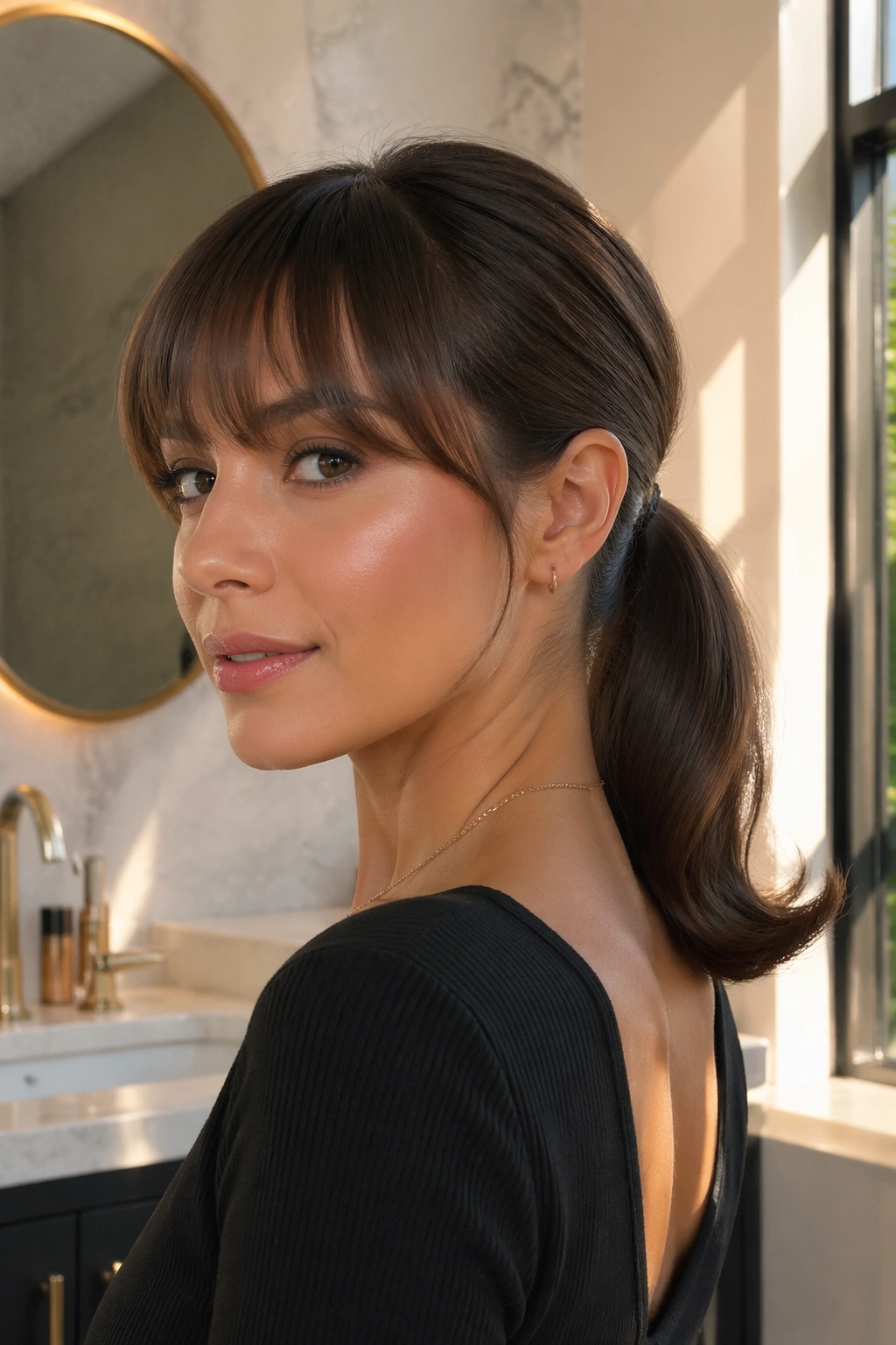 Real woman with sleek ponytail, flipped ends, and brow-skimming bangs