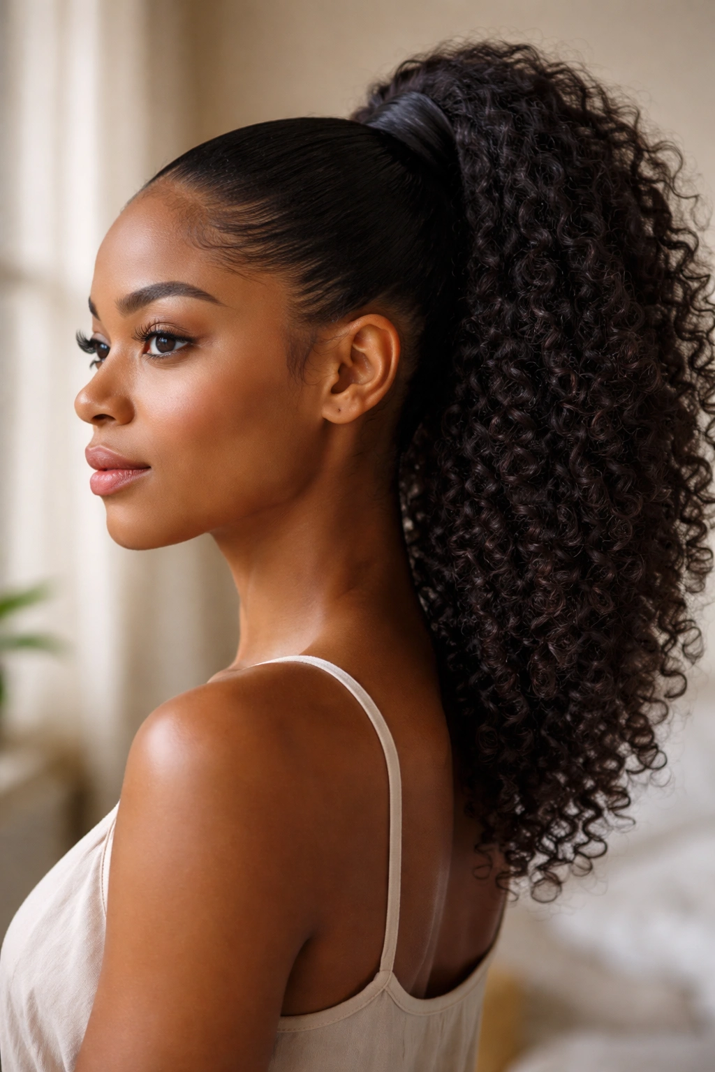 Close-up of a woman with a gel-polished sleek high ponytail and textured ponytail