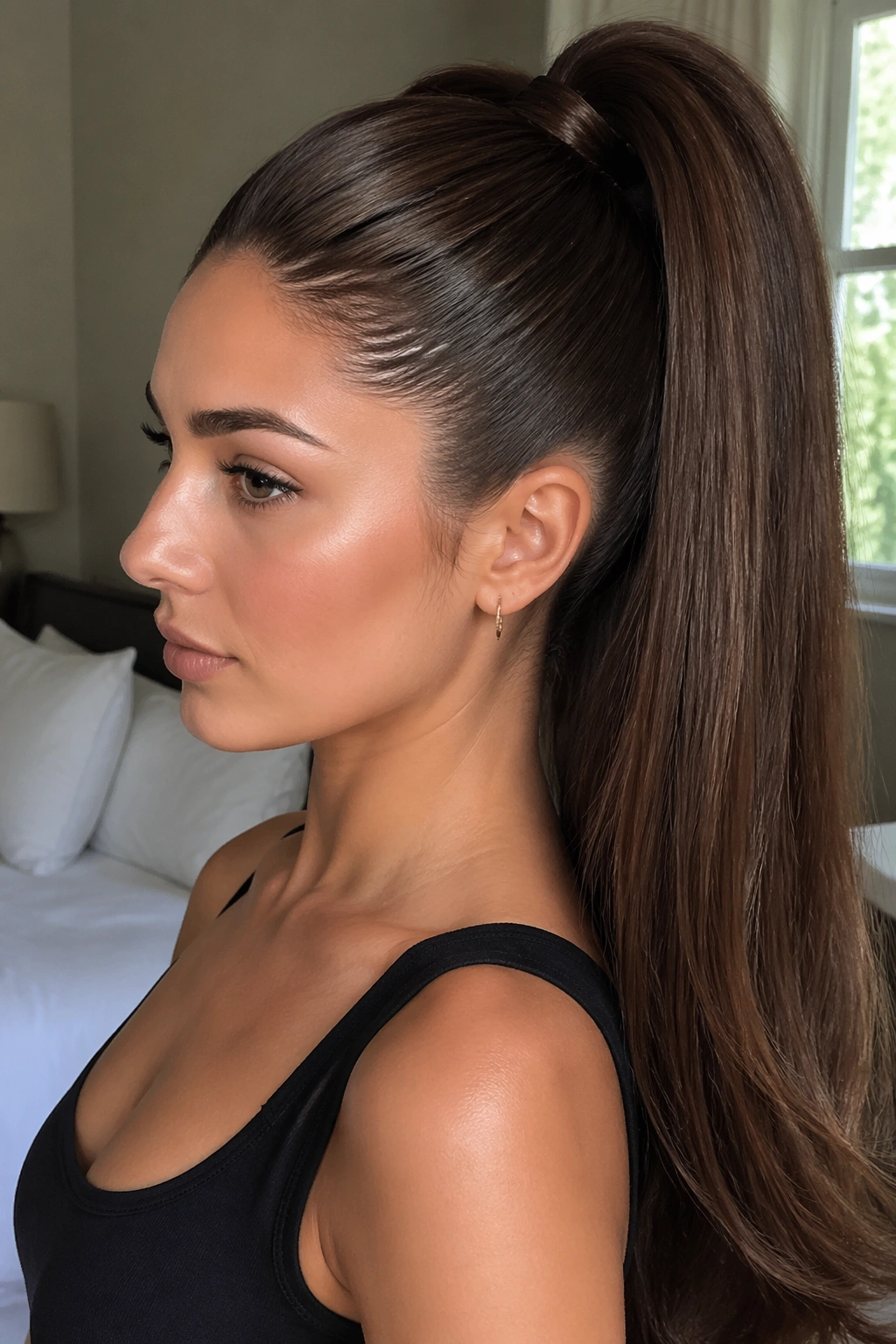 Close-up of a real woman with a high, sleek brown ponytail and glossy finish