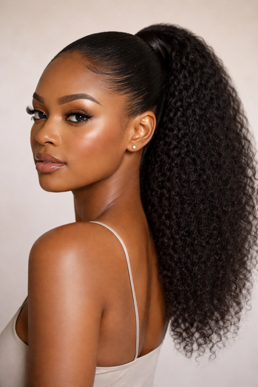 Sleek back ponytail with natural kinky texture and glossy roots in studio lighting.