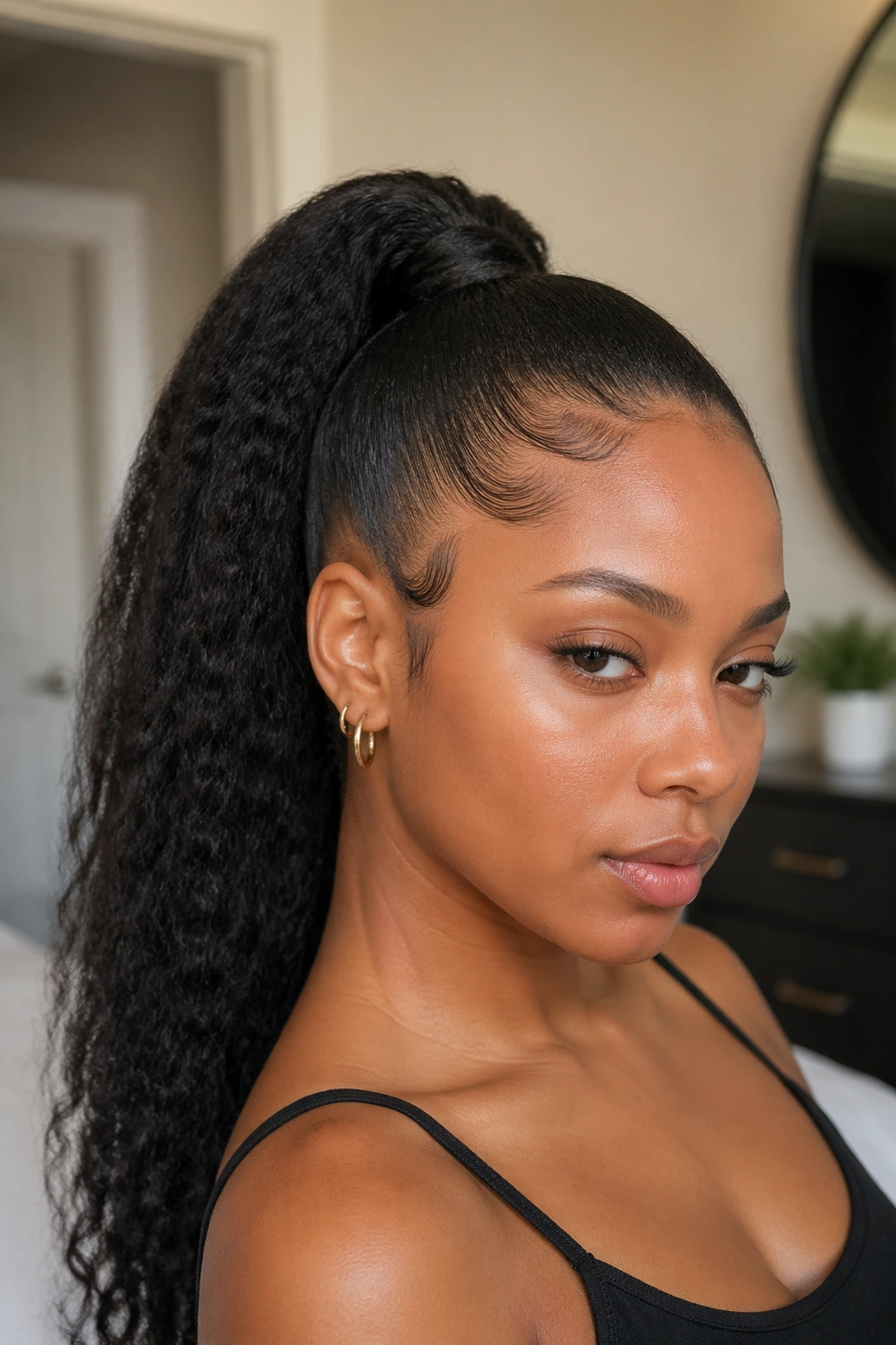 Portrait of a woman with sleek high ponytail and laid edges