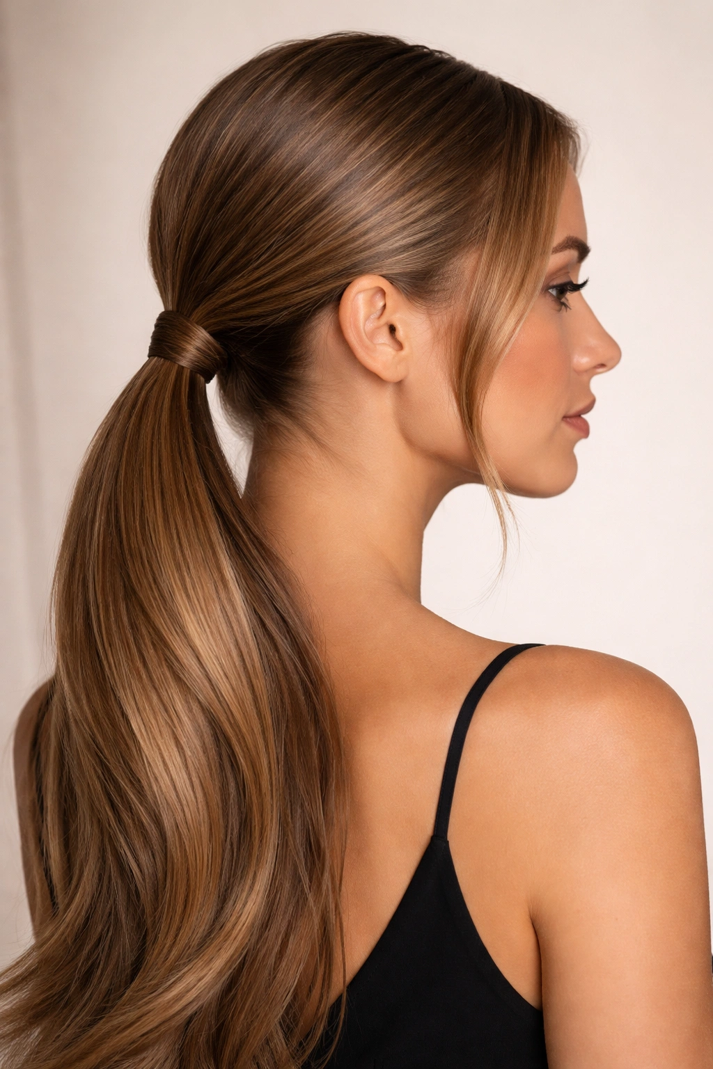 Close-up of a sleek low side ponytail at the nape with tucked strands and wrap