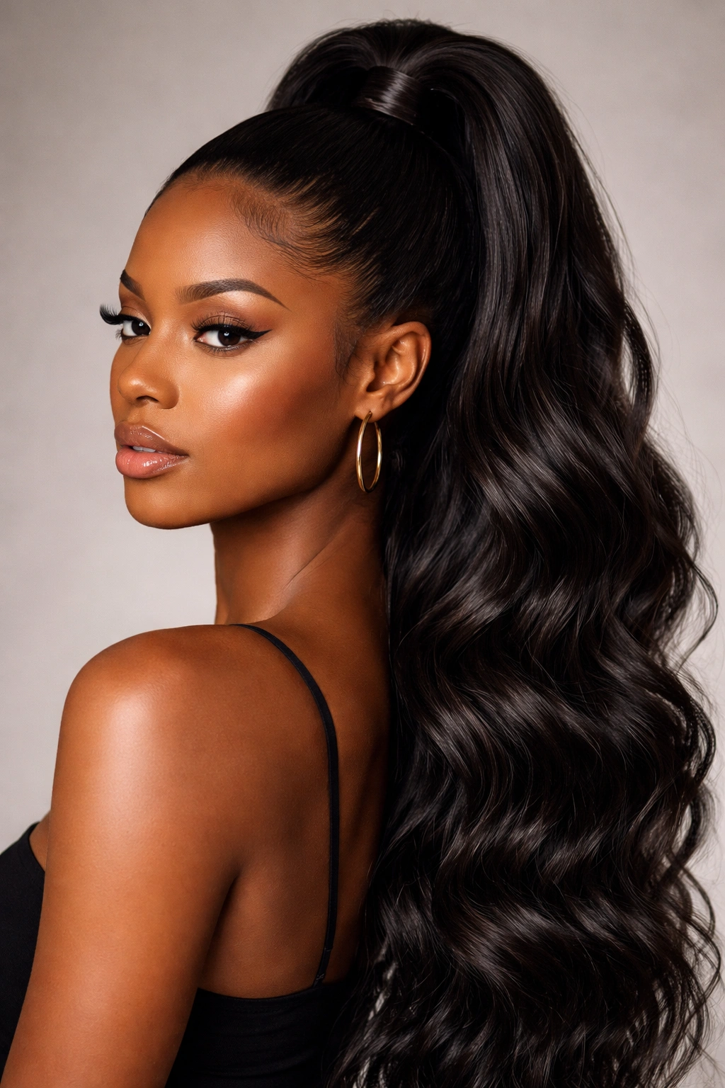 Close-up of a sleek high ponytail lifted at the crown with glossy long waves