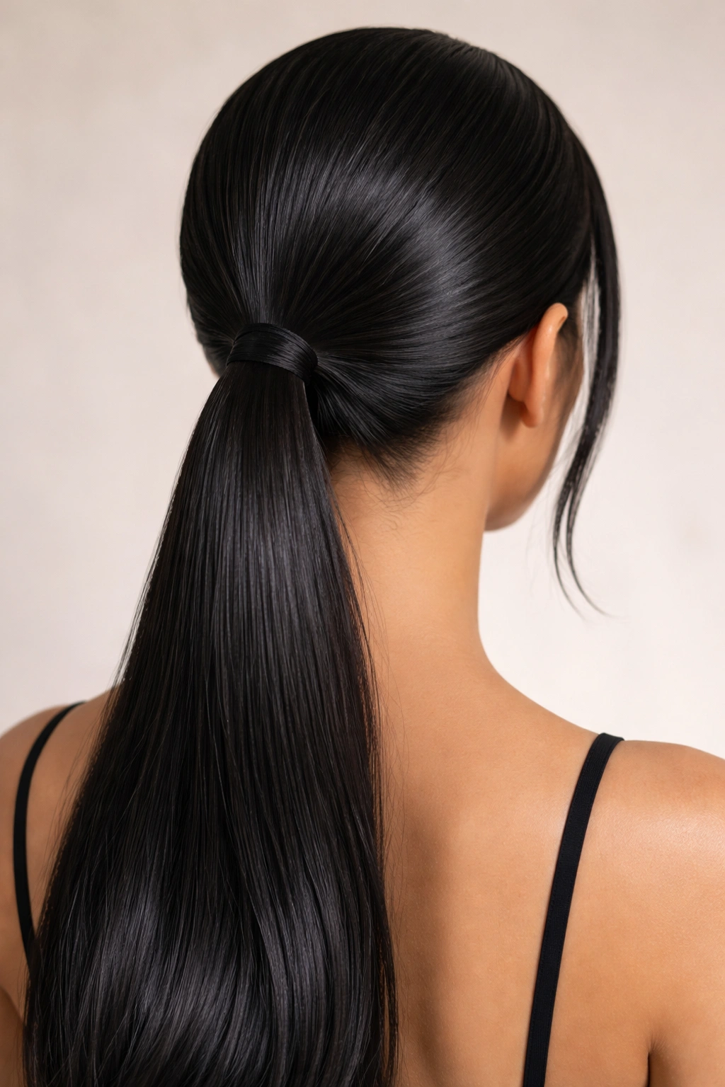 Back view of a sleek, low-placed ponytail at the nape with glossy straight weave