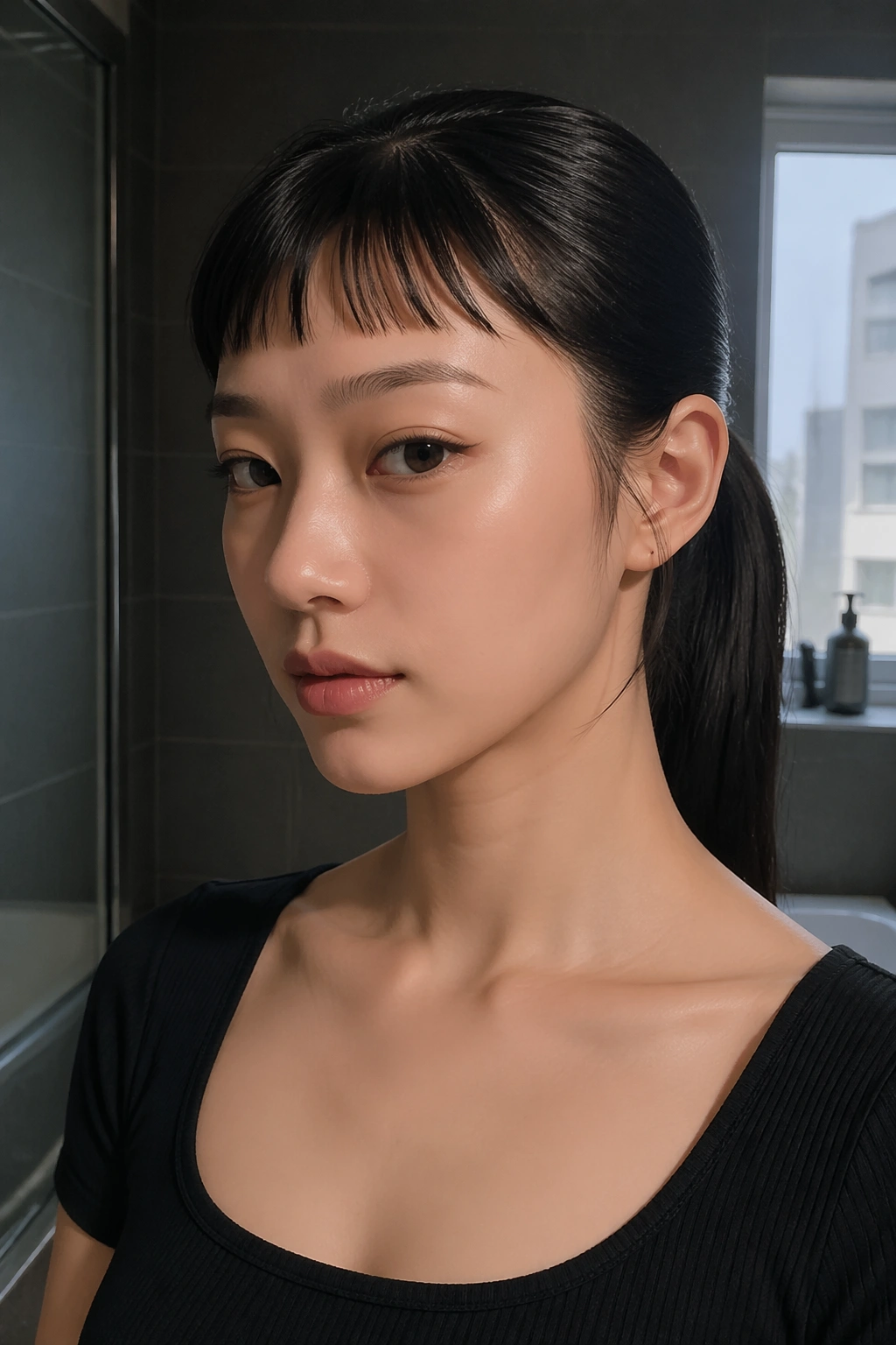 Portrait of a woman with a sleek mid ponytail and micro bangs