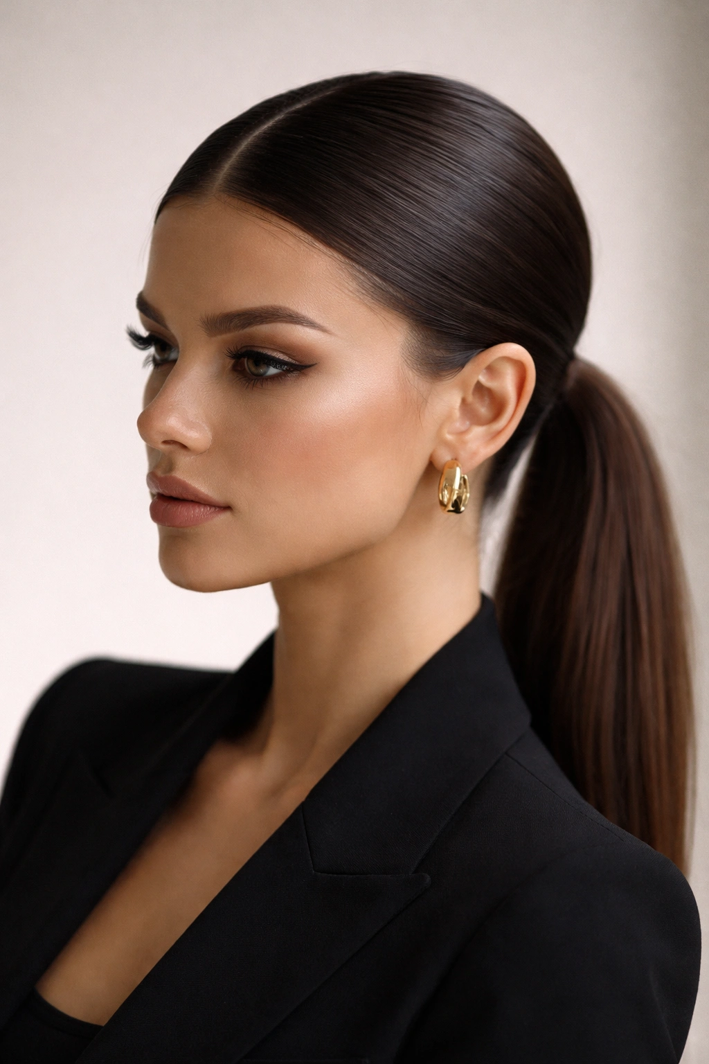 Sleek middle-part ponytail with sharp center part and glossy finish