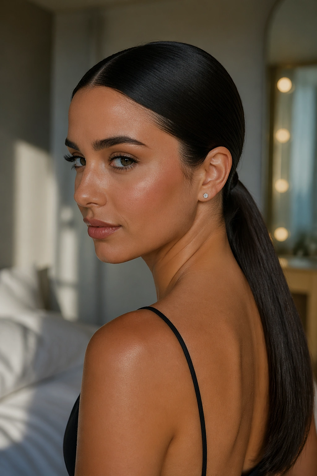 Close-up portrait of a real woman with a sleek low middle-part ponytail at the nape