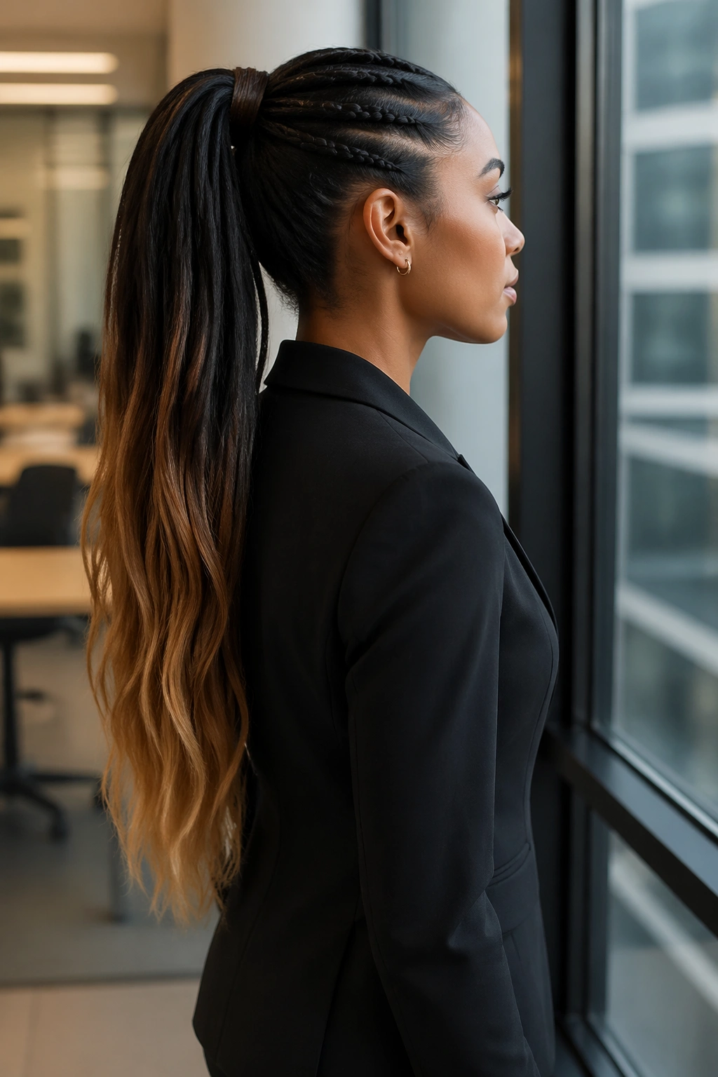 Side profile of sleek high ponytail in an office setting.