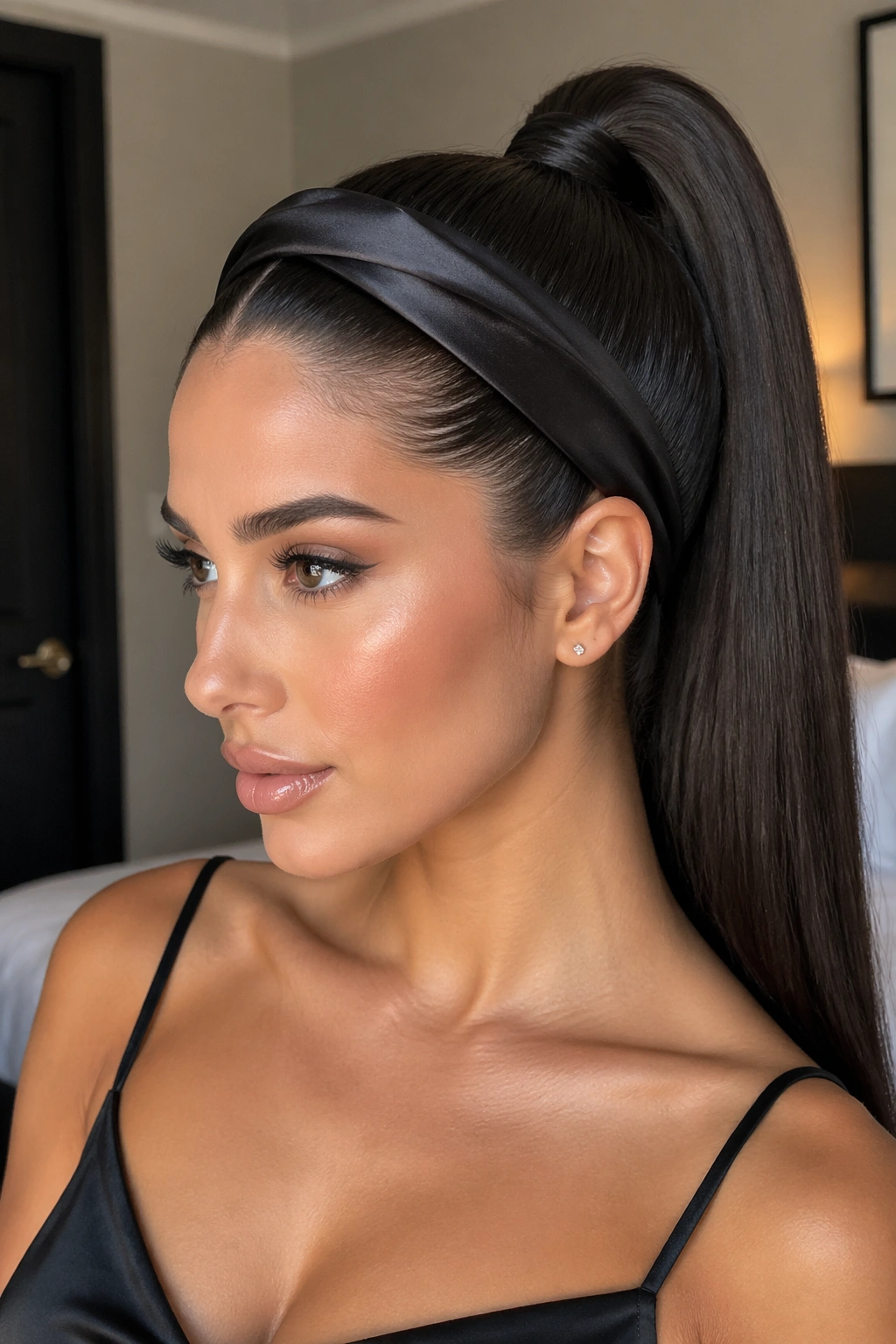 Close-up portrait of a real person with a sleek straight high ponytail and satin headband.