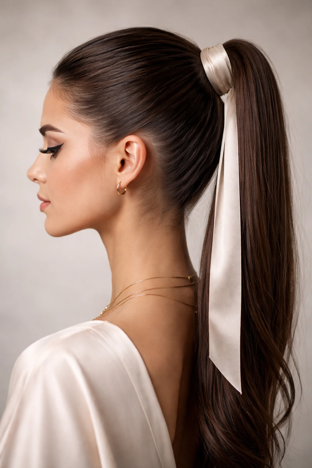 Sleek high ponytail with satin ribbon wrap, smooth crown and ribbon tails in a studio setting