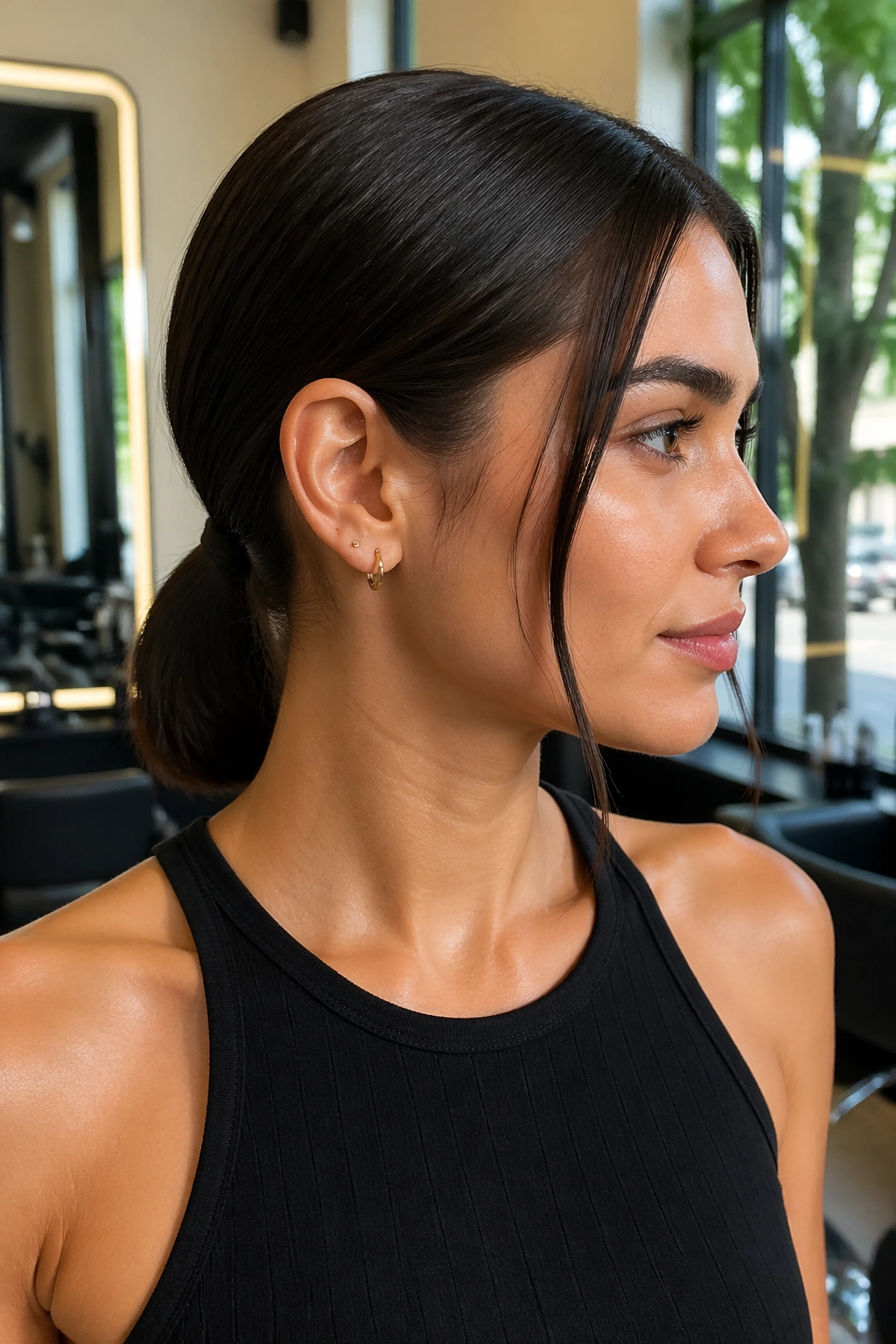Close-up of a real woman with a sleek low ponytail at the nape in a softly lit salon