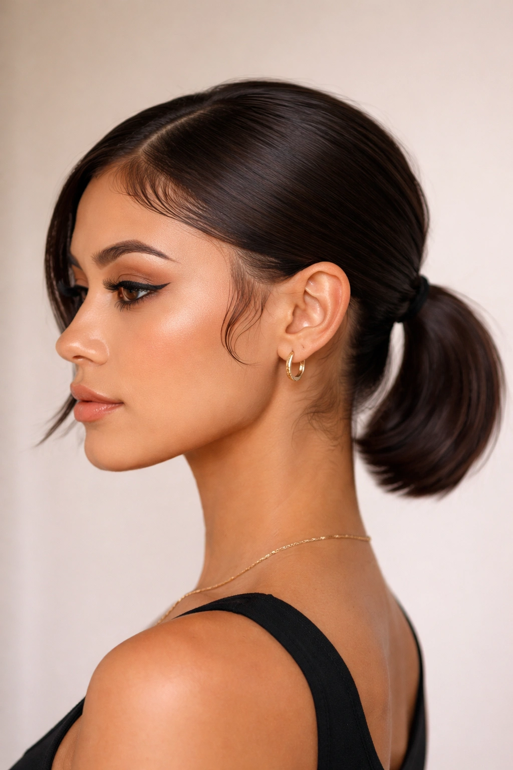 Sleek short-hair ponytail with baby-hair detail along the hairline