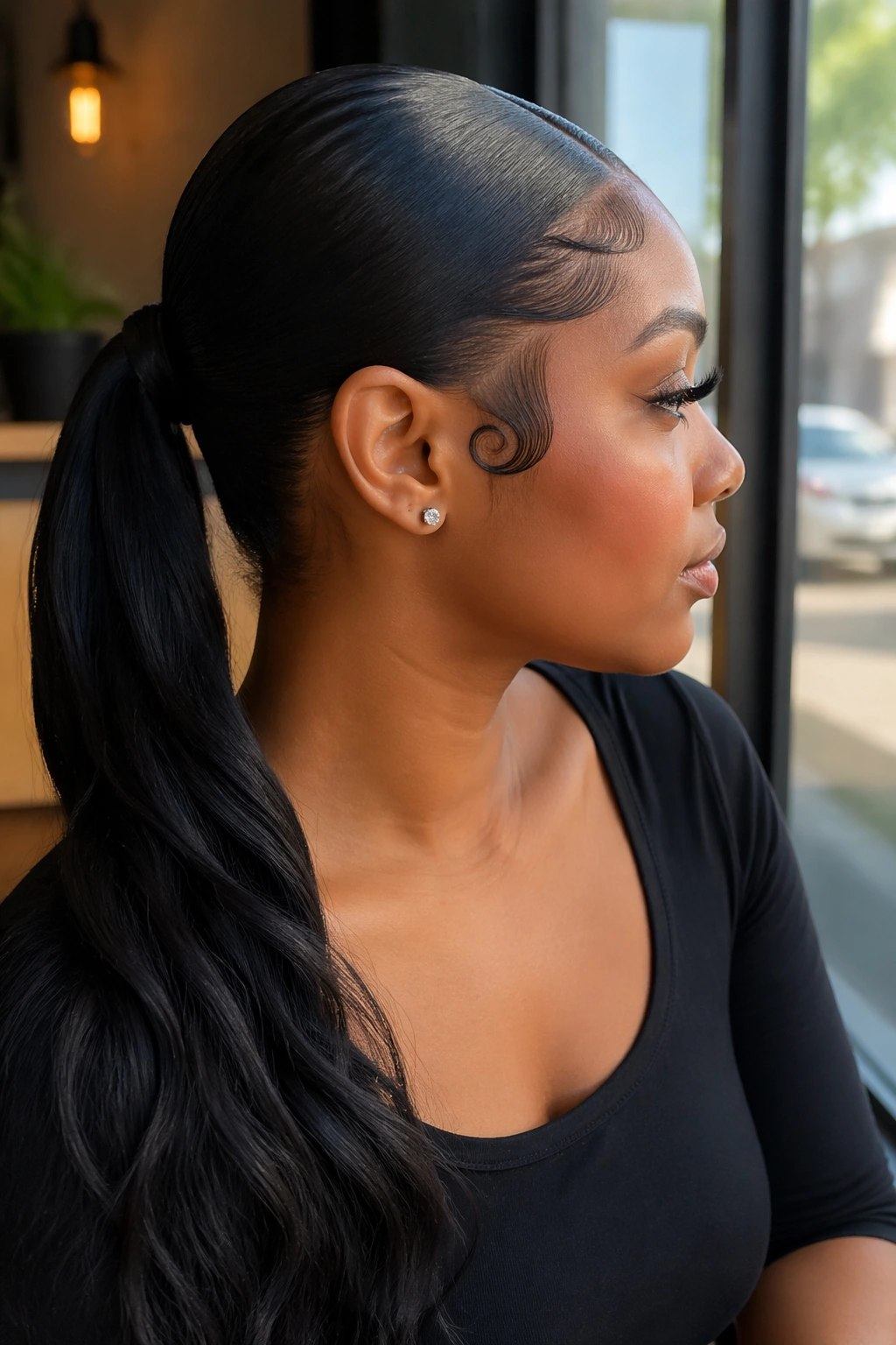 Close-up of a Black woman with a sleek ponytail, laid side part, and swirl edges