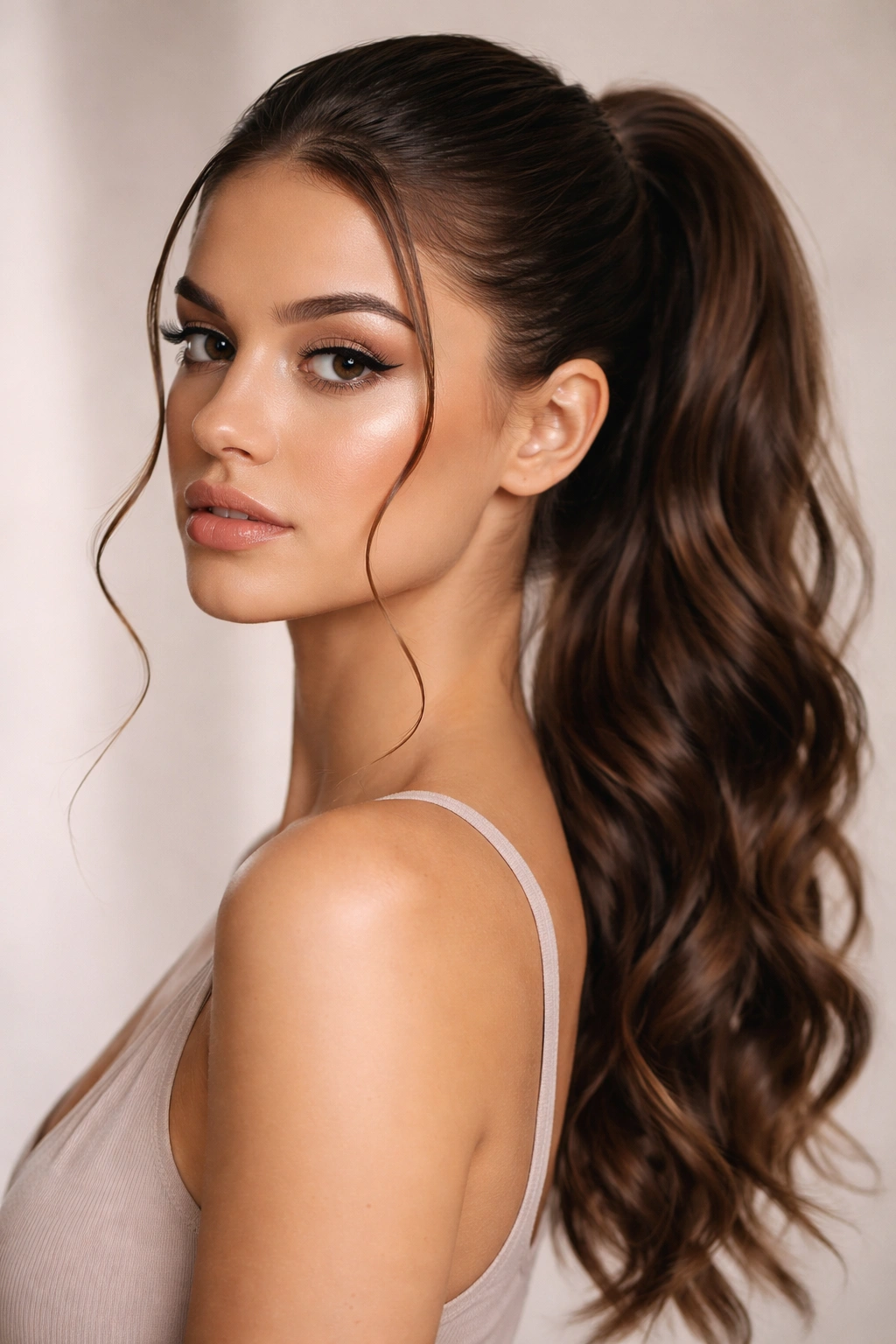 Close-up of sleek ponytail with two face-framing tendrils.