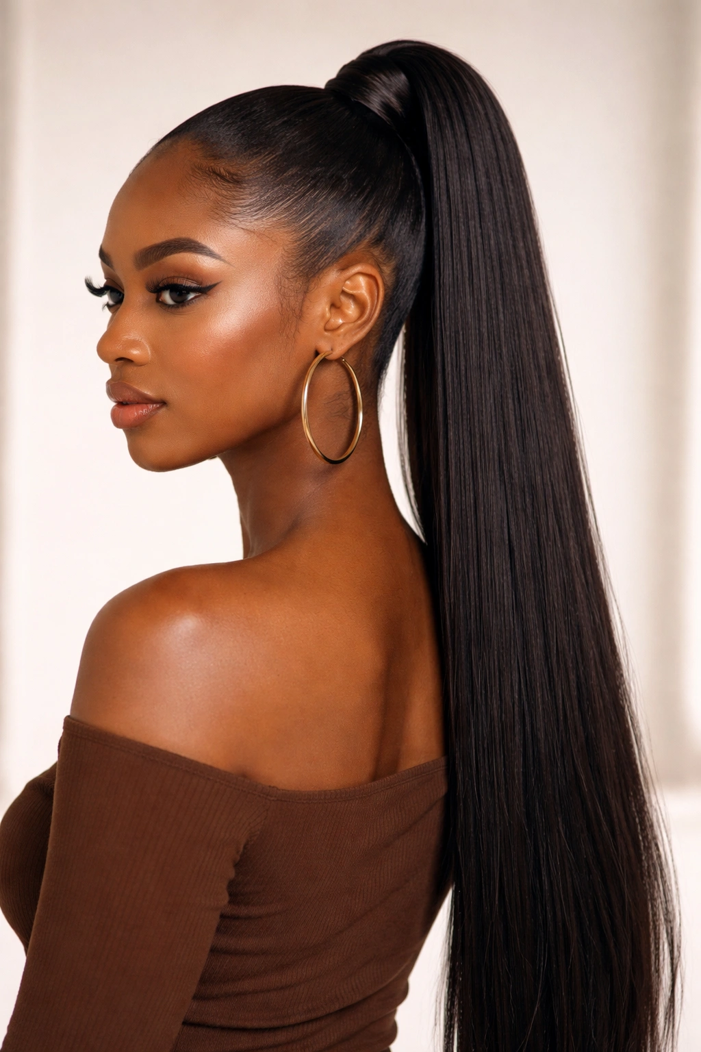 High sleek ponytail with long straight weave extension