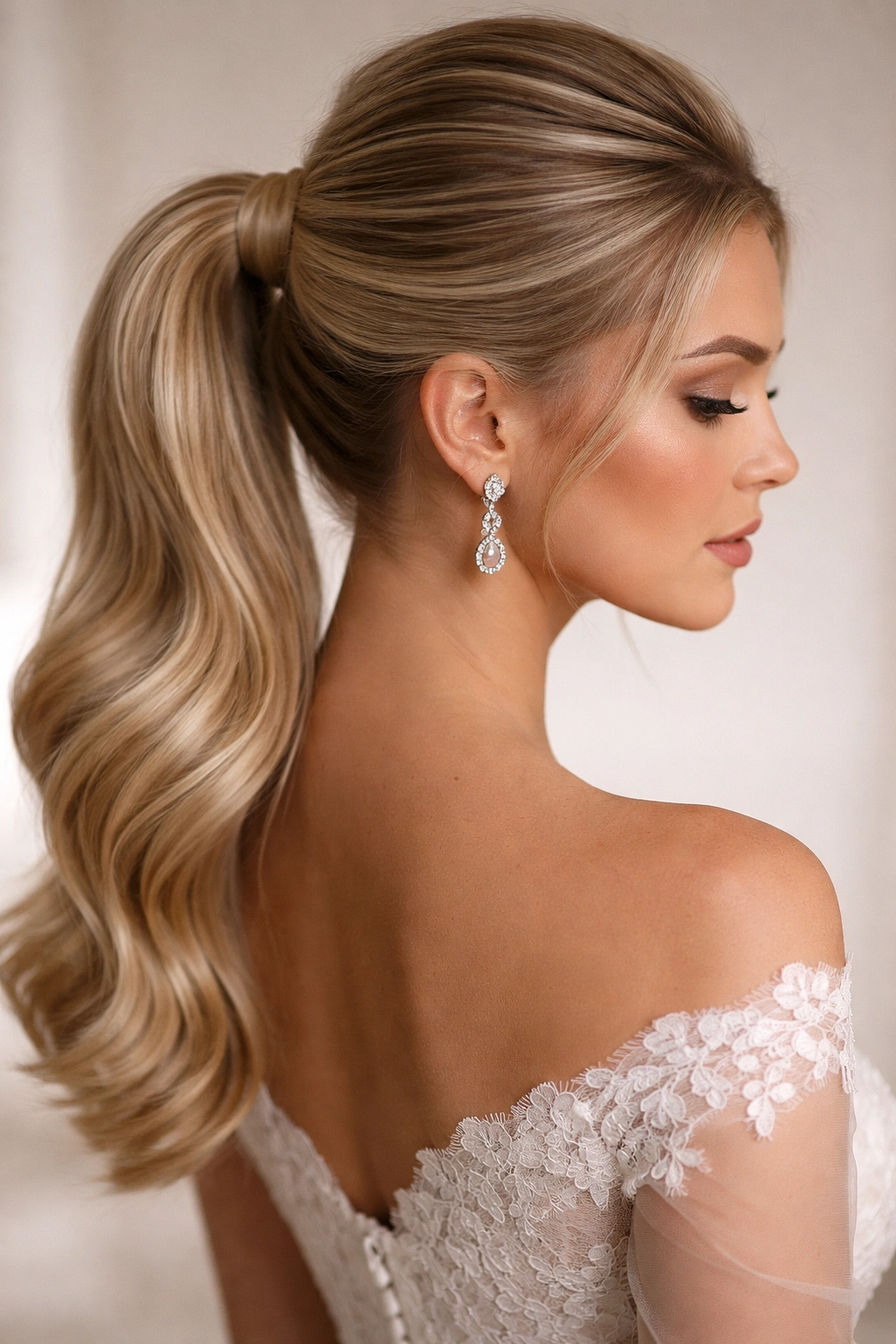 Close-up of sleek low ponytail with lifted crown on bridal hairstyle