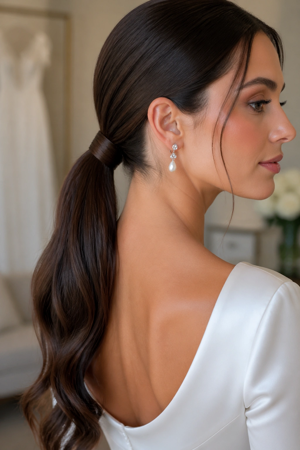 Close-up of a real bride's sleek low wrapped ponytail at the nape